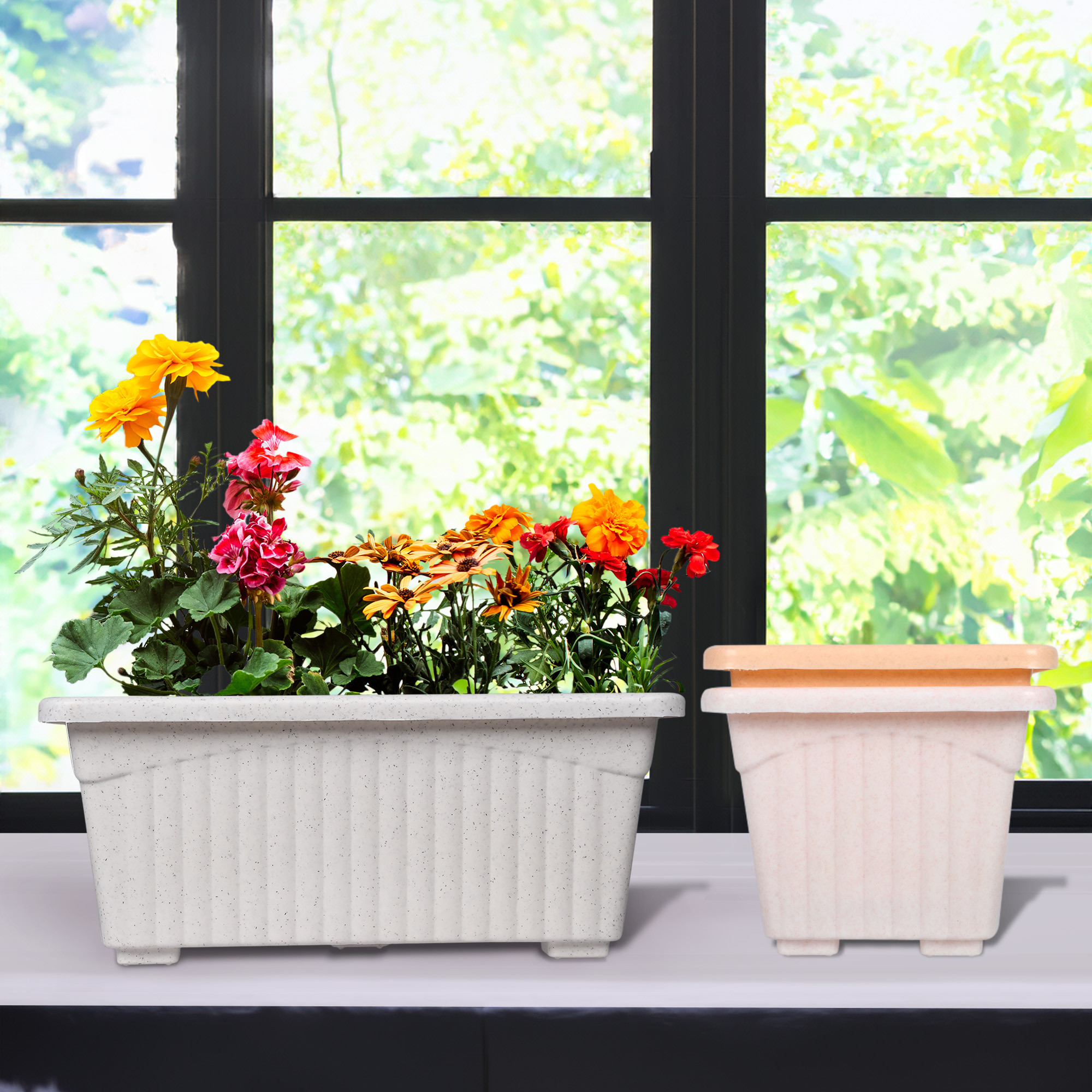 Kuber Industries Pack of 3 Flower Pot | Flower Pot for Living Room-Office | Planters for Home-Lawns & Gardening | Window Flower Pots for Balcony | Marble Jupitar | White-Pink & Peach