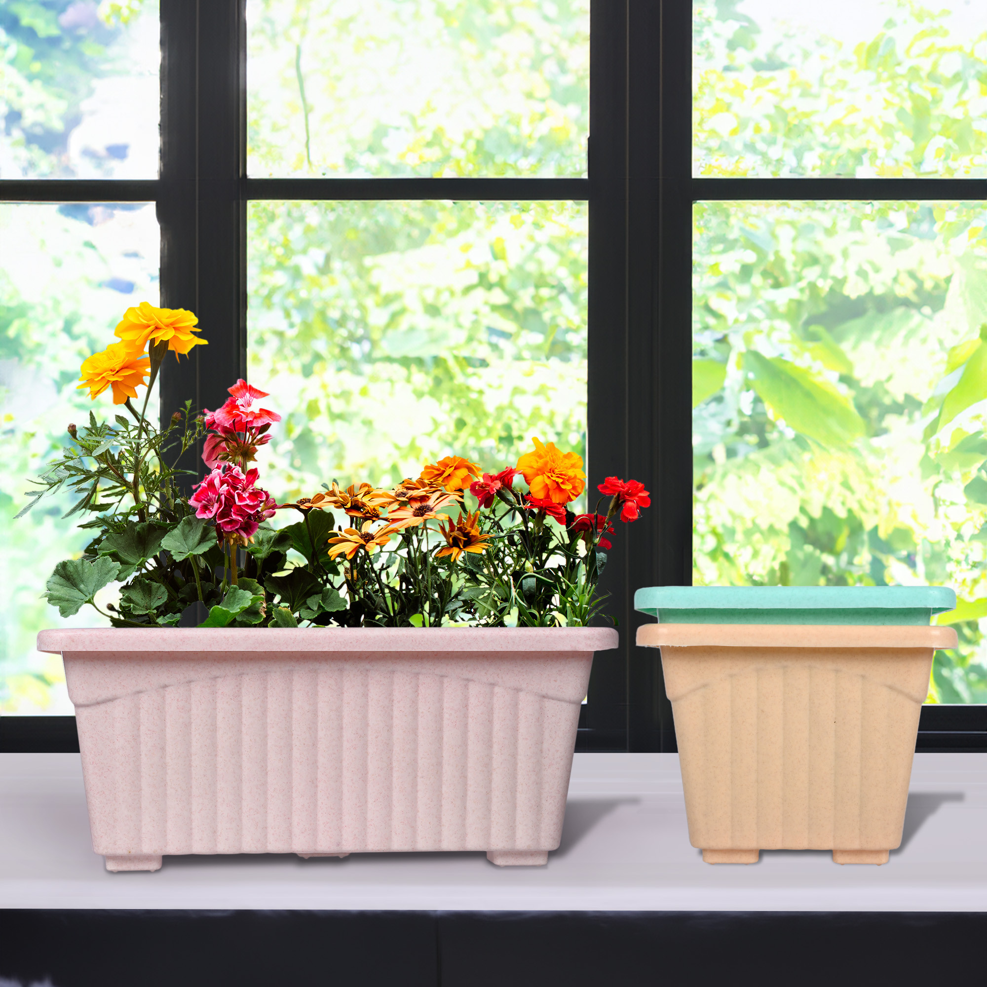 Kuber Industries Pack of 3 Flower Pot | Flower Pot for Living Room-Office | Planters for Home-Lawns & Gardening | Window Flower Pots for Balcony | Marble Jupitar | Pink-Peach & Green