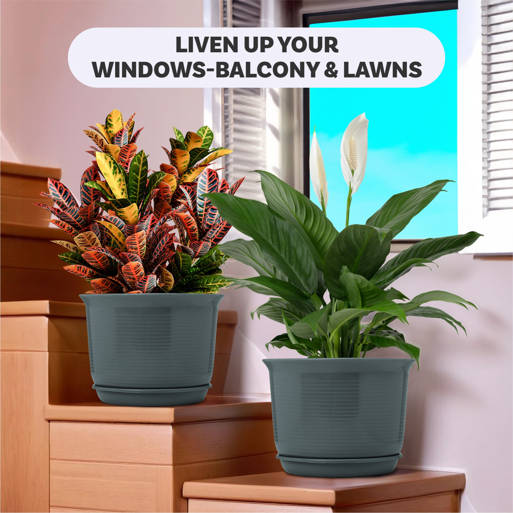 Kuber Industries Pack of 3 Flower Pot with Bottom Tray | Flower Planter Pots | Planters for Home-Lawns & Garden | Flower Planter for Balcony | Plain Sawera | 10 Inch | White-Green & Gray