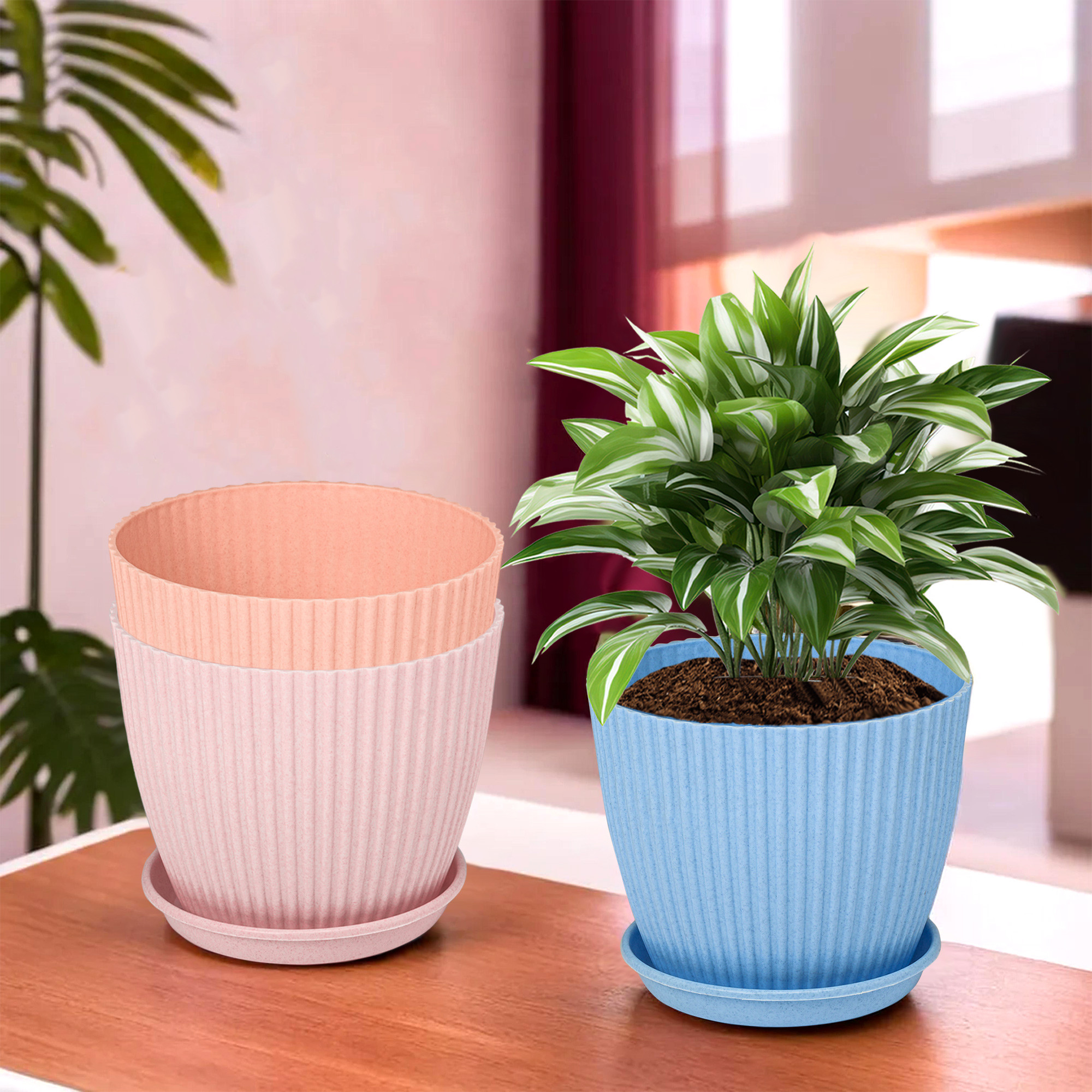 Kuber Industries Pack of 3 Flower Pot with Bottom Tray | Flower Planter Pots | Planters for Home-Lawns & Garden | Flower Planter for Balcony | Marble Mega | 9 Inch | Blue-Pink & Peach