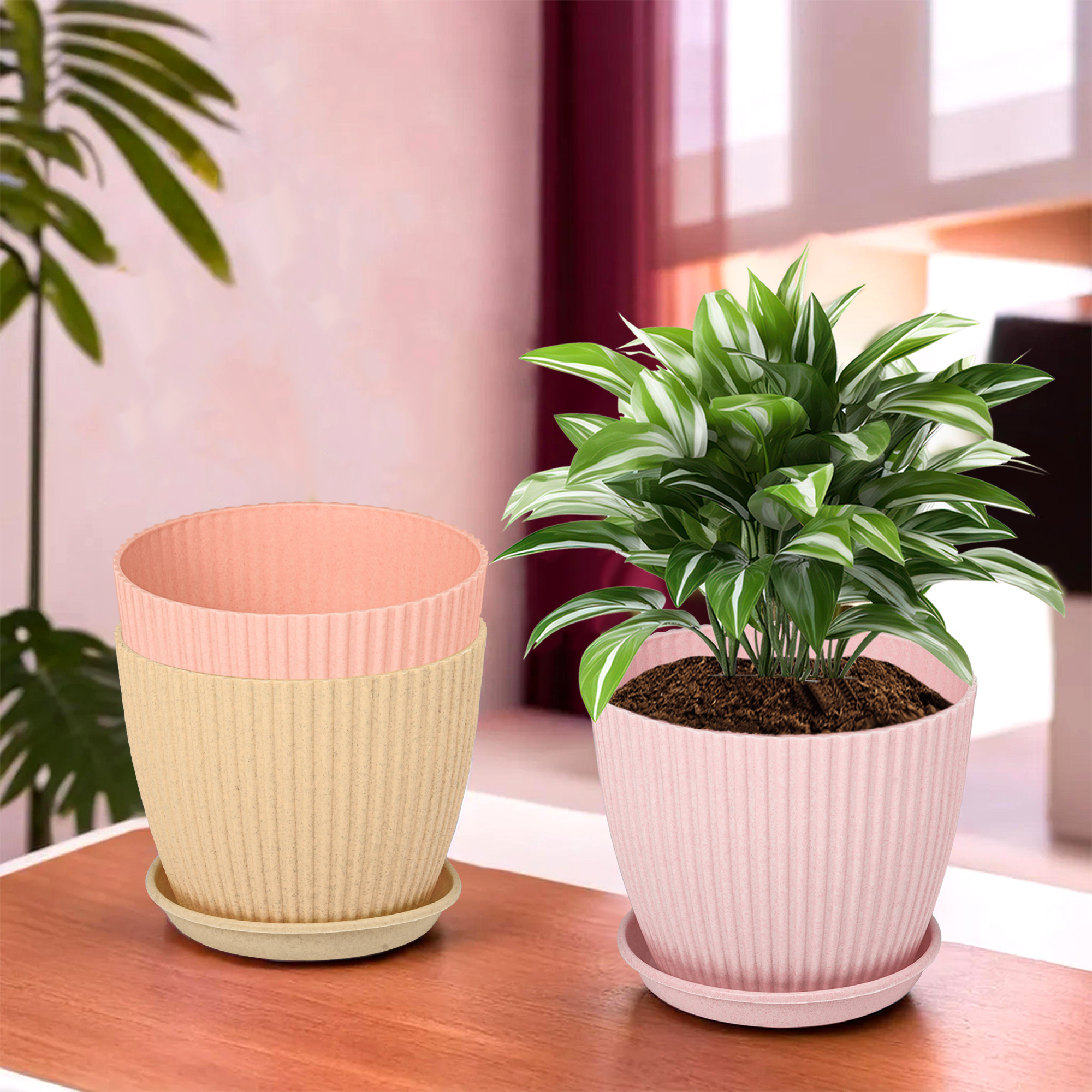 Kuber Industries Pack of 3 Flower Pot with Bottom Tray | Flower Planter Pots | Planters for Home-Lawns & Garden | Flower Planter for Balcony | Marble Mega | 9 Inch | Pink-Beige & Peach