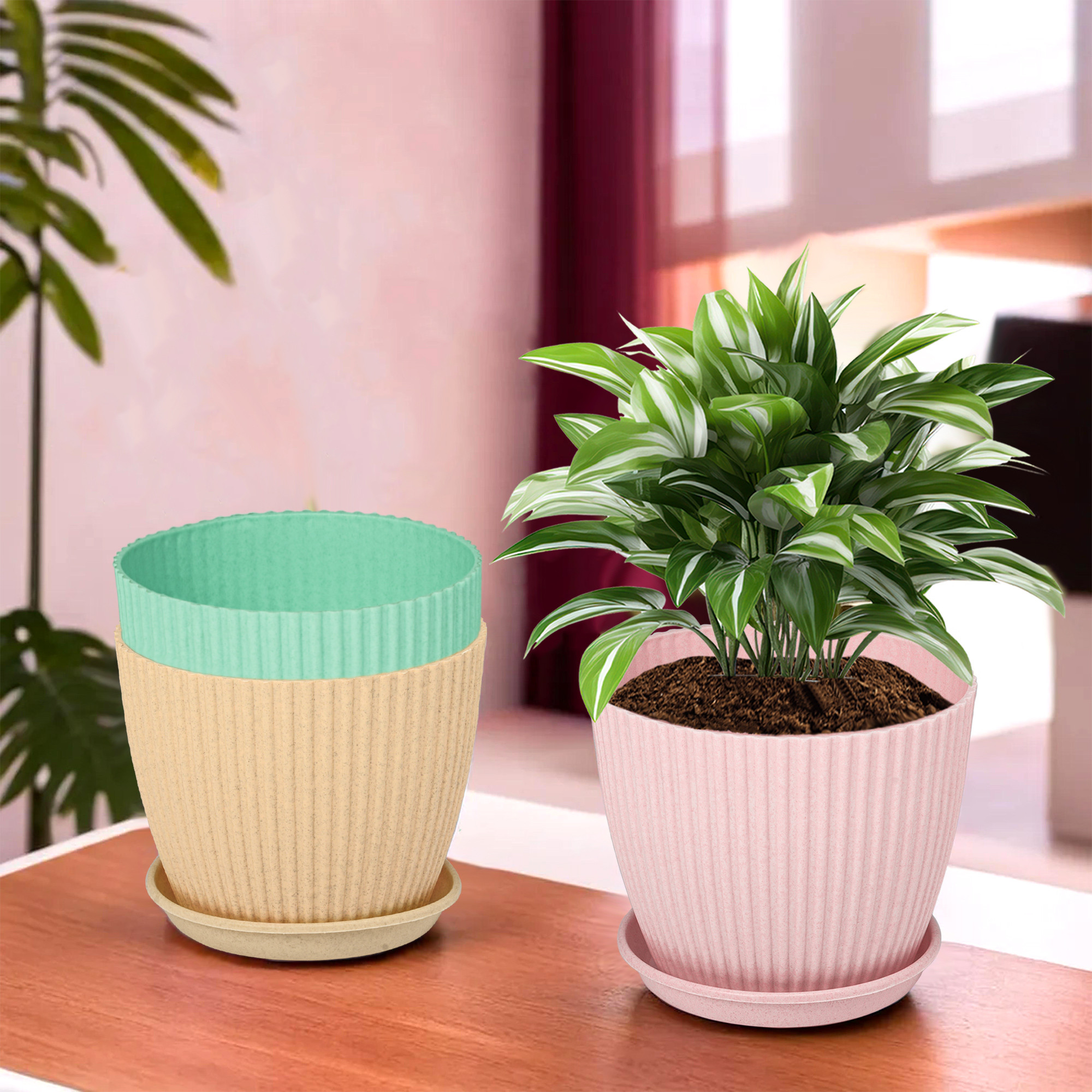 Kuber Industries Pack of 3 Flower Pot with Bottom Tray | Flower Planter Pots | Planters for Home-Lawns & Garden | Flower Planter for Balcony | Marble Mega | 9 Inch | Pink-Beige & Mint Green