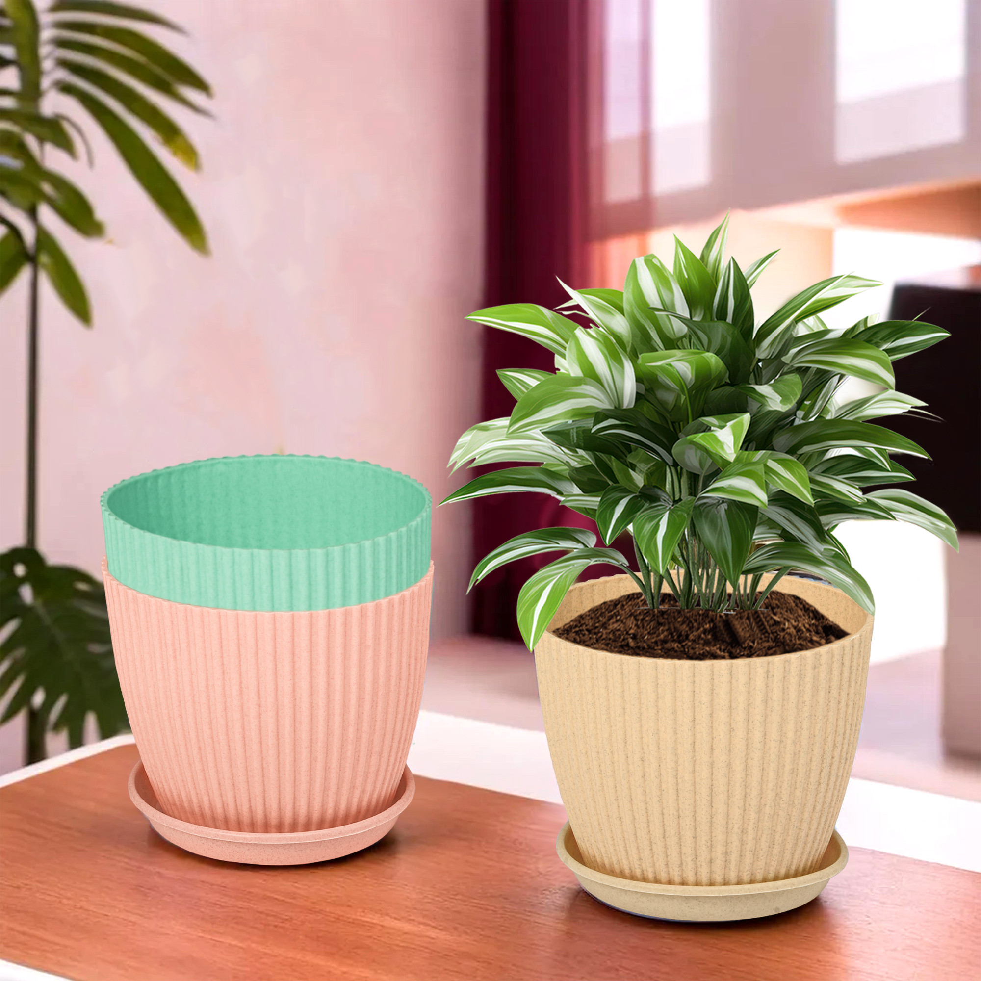 Kuber Industries Pack of 3 Flower Pot with Bottom Tray | Flower Planter Pots | Planters for Home-Lawns & Garden | Flower Planter for Balcony | Marble Mega | 9 Inch | Beige-Peach & Mint Green