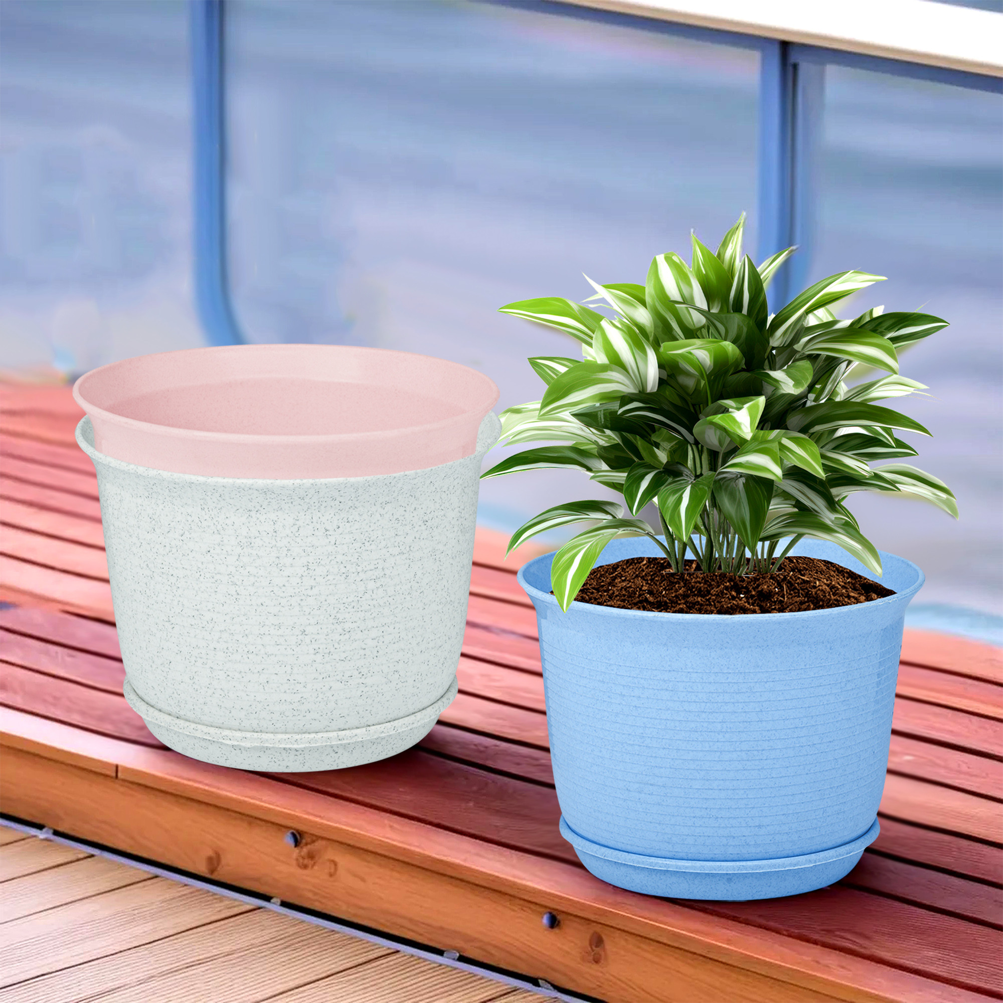 Kuber Industries Pack of 3 Flower Pot with Bottom Tray | Flower Pot for Living Room | Planters for Home-Balcony & Garden | Flower Planter | Marble Sawera | 10 Inch | Blue-White & Pink