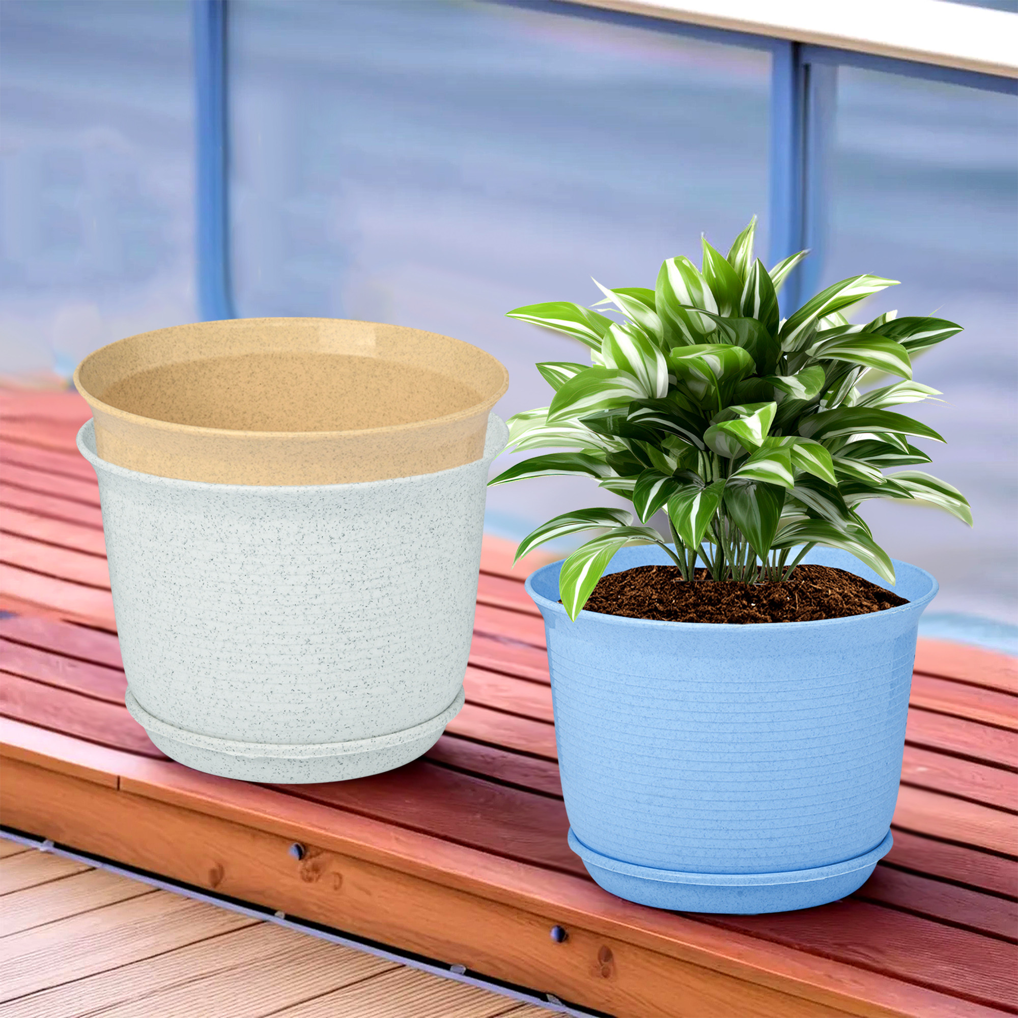 Kuber Industries Pack of 3 Flower Pot with Bottom Tray | Flower Pot for Living Room | Planters for Home-Balcony & Garden | Flower Planter | Marble Sawera | 10 Inch | Blue-White & Beige