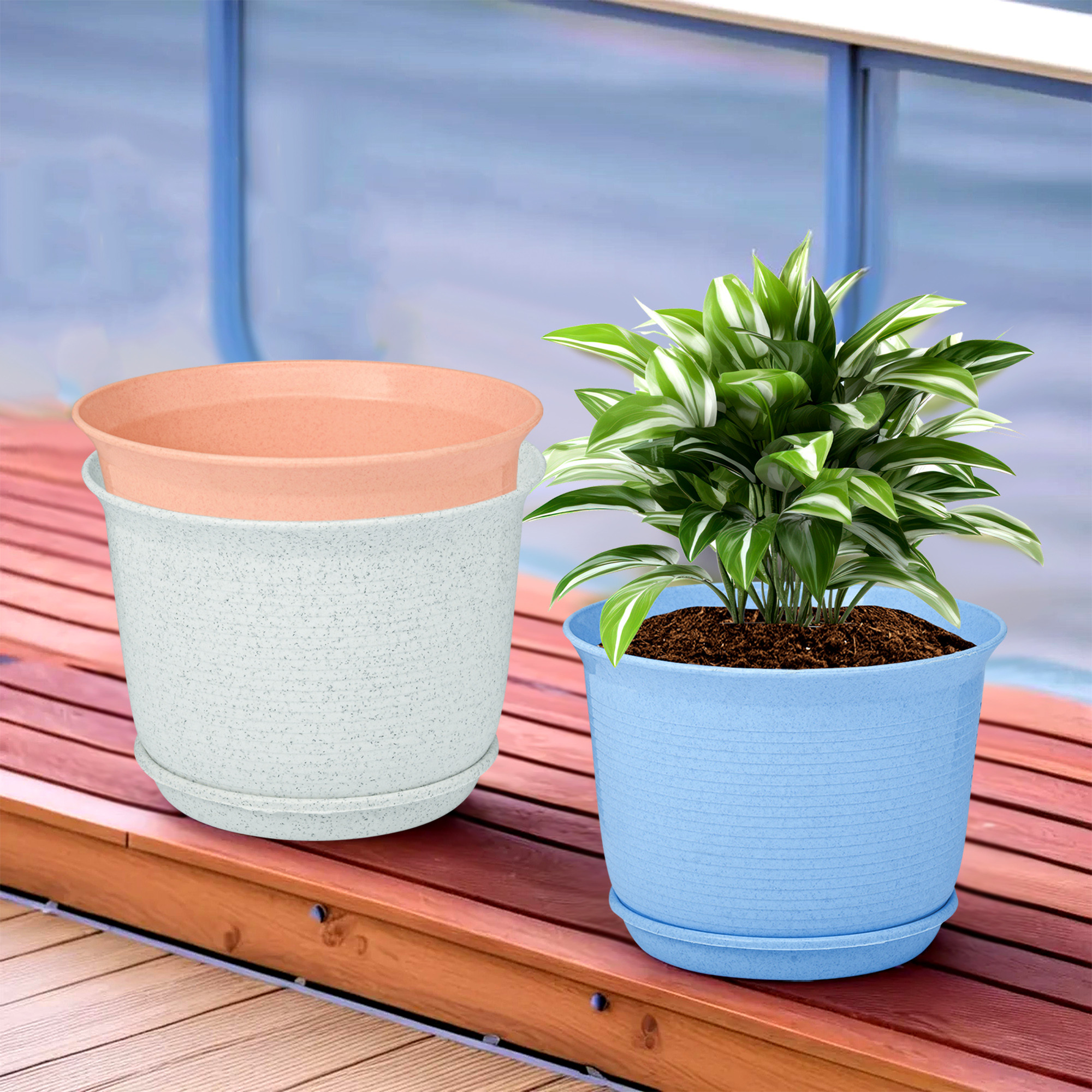 Kuber Industries Pack of 3 Flower Pot with Bottom Tray | Flower Pot for Living Room | Planters for Home-Balcony & Garden | Flower Planter | Marble Sawera | 10 Inch | Blue-White & Peach