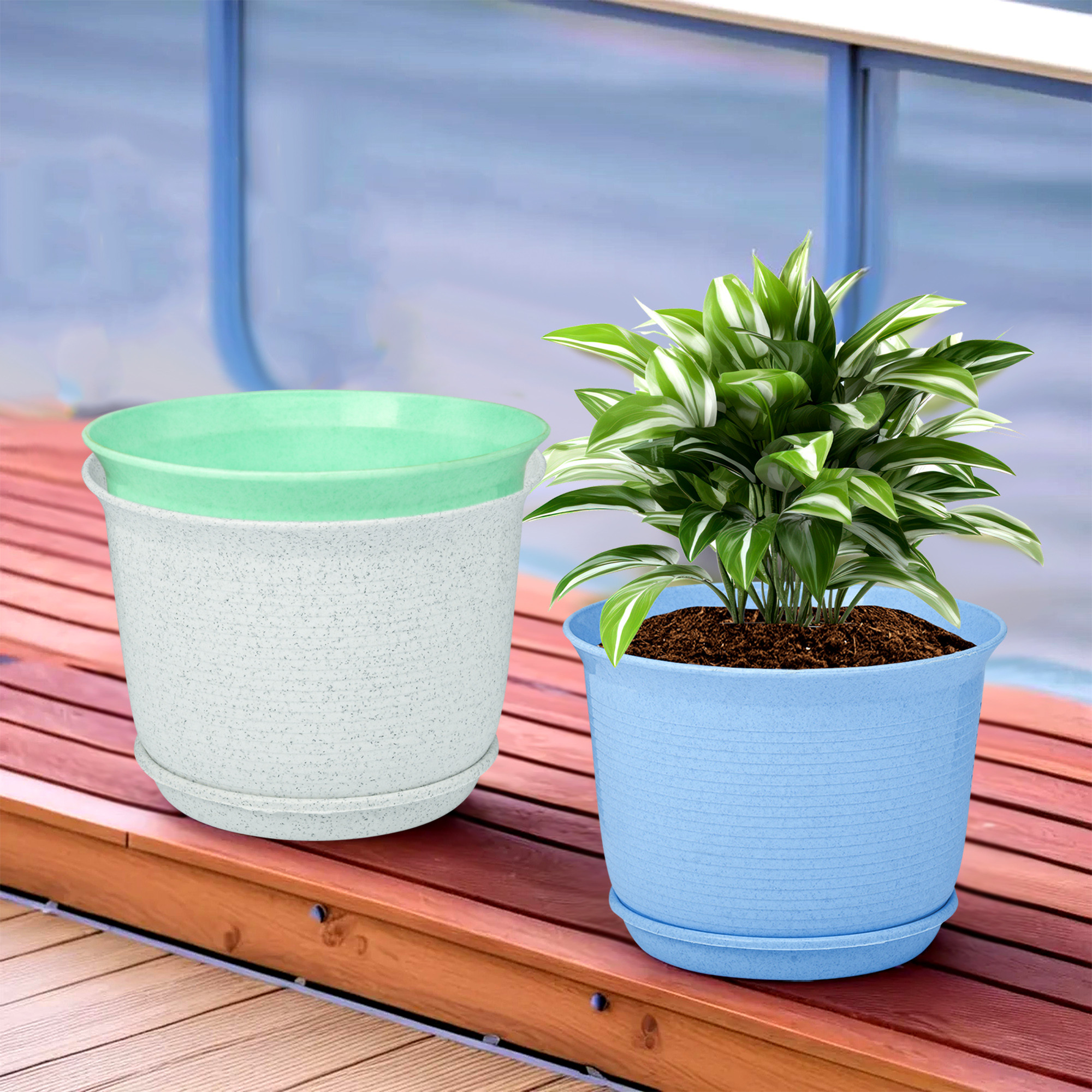 Kuber Industries Pack of 3 Flower Pot with Bottom Tray | Flower Pot for Living Room | Planters for Home-Balcony & Garden | Flower Planter | Marble Sawera | 10 Inch | Blue-White & Green