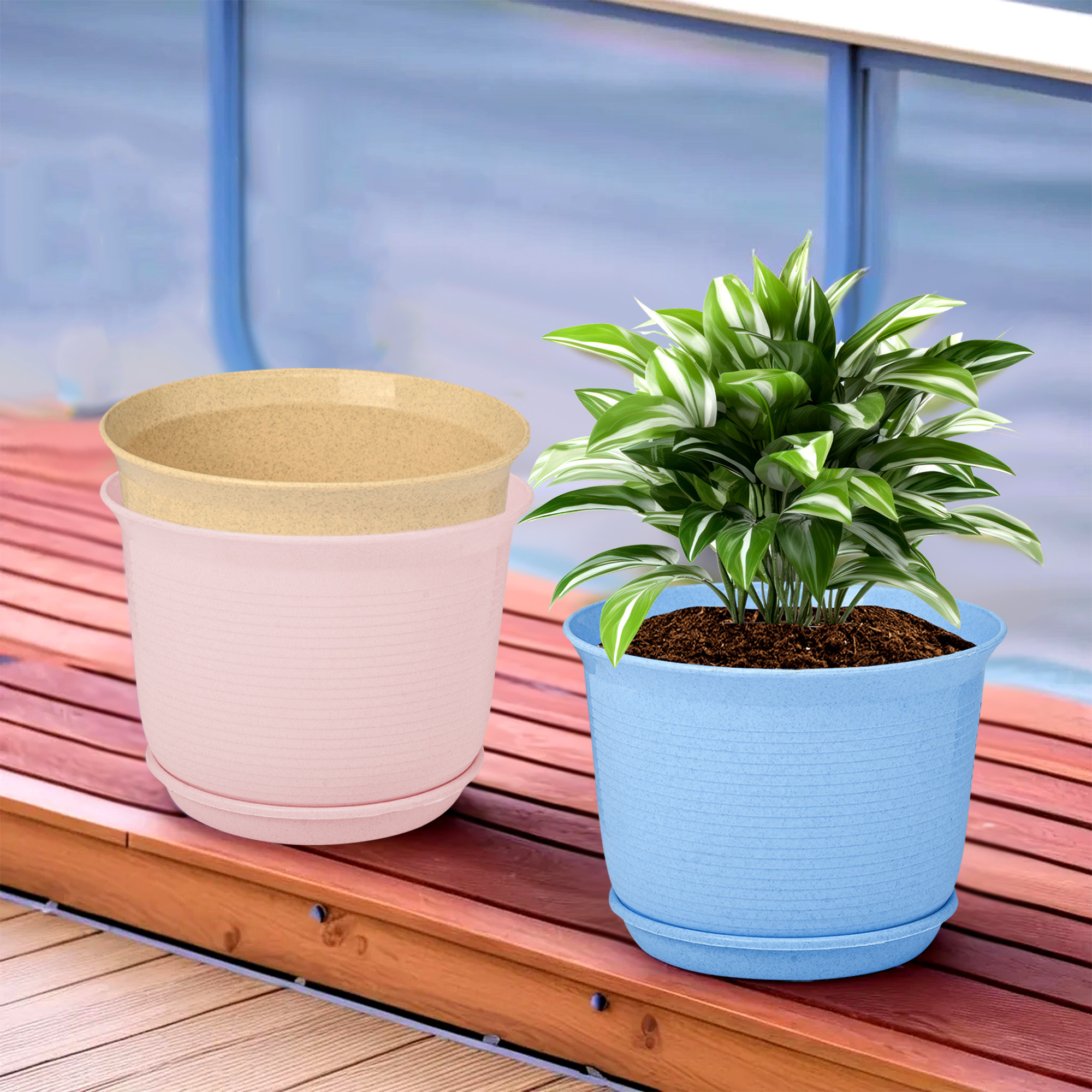 Kuber Industries Pack of 3 Flower Pot with Bottom Tray | Flower Pot for Living Room | Planters for Home-Balcony & Garden | Flower Planter | Marble Sawera | 10 Inch | Blue-Pink & Beige