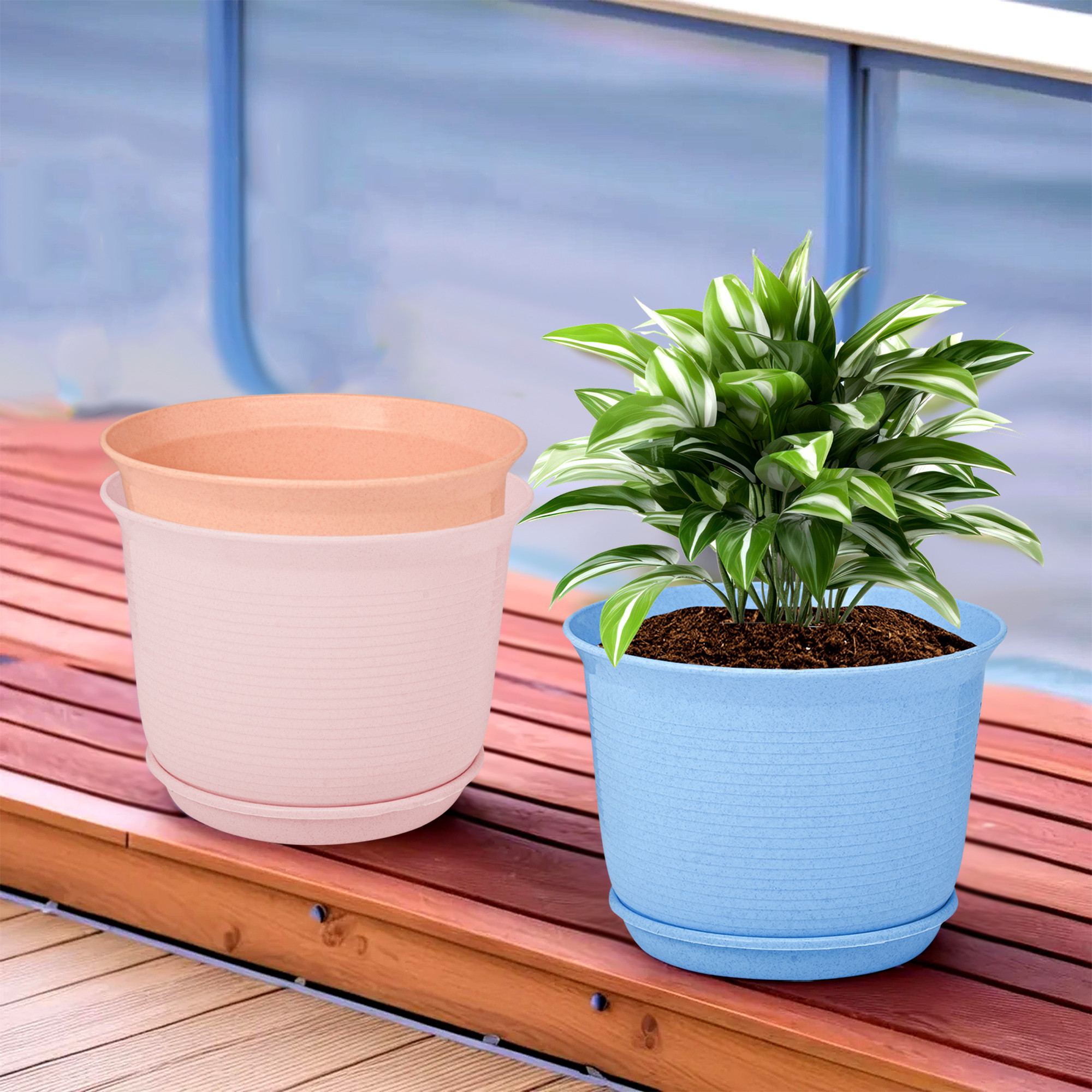 Kuber Industries Pack of 3 Flower Pot with Bottom Tray | Flower Pot for Living Room | Planters for Home-Balcony & Garden | Flower Planter | Marble Sawera | 10 Inch | Blue-Pink & Peach