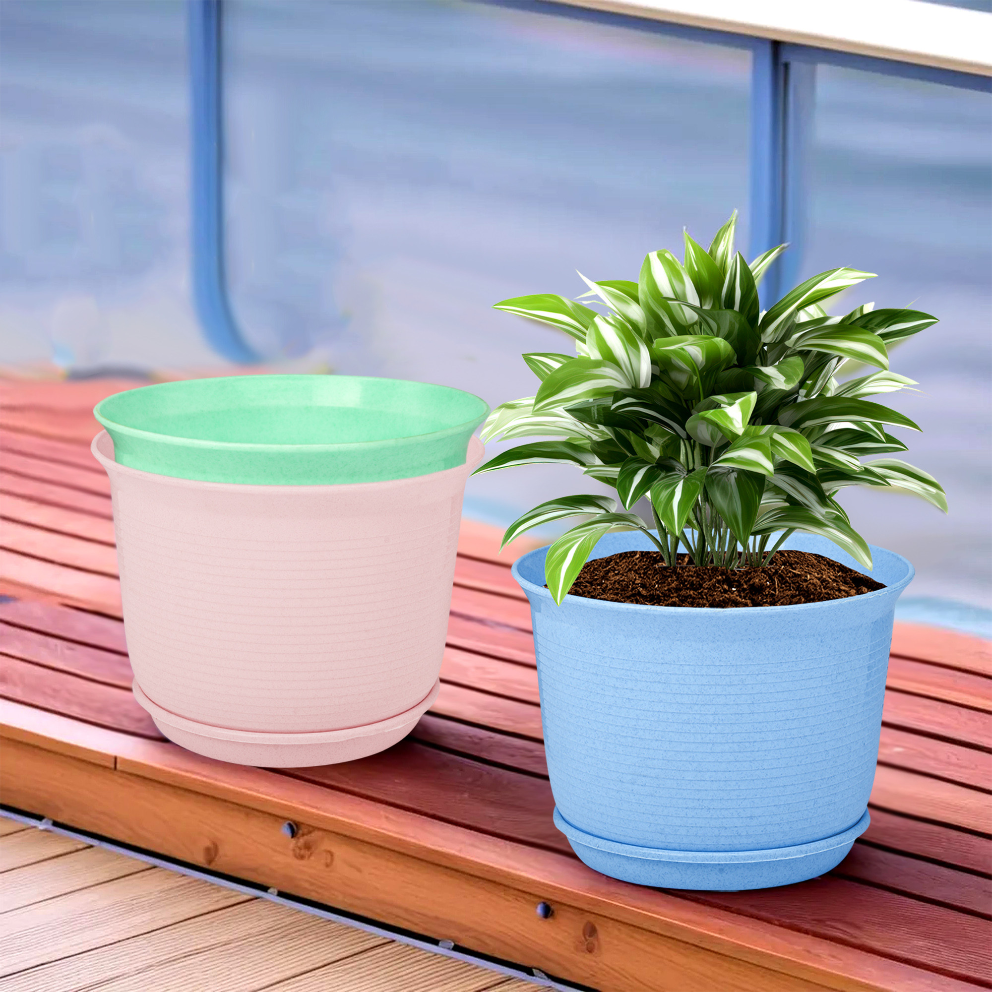 Kuber Industries Pack of 3 Flower Pot with Bottom Tray | Flower Pot for Living Room | Planters for Home-Balcony & Garden | Flower Planter | Marble Sawera | 10 Inch | Blue-Pink & Green