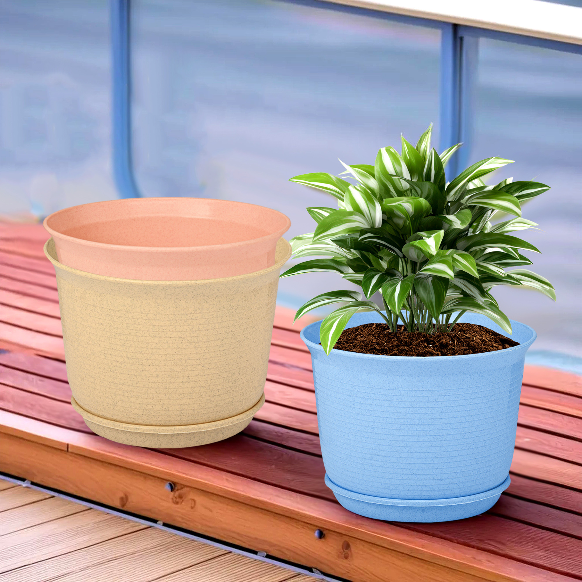 Kuber Industries Pack of 3 Flower Pot with Bottom Tray | Flower Pot for Living Room | Planters for Home-Balcony & Garden | Flower Planter | Marble Sawera | 10 Inch | Blue-Beige & Peach