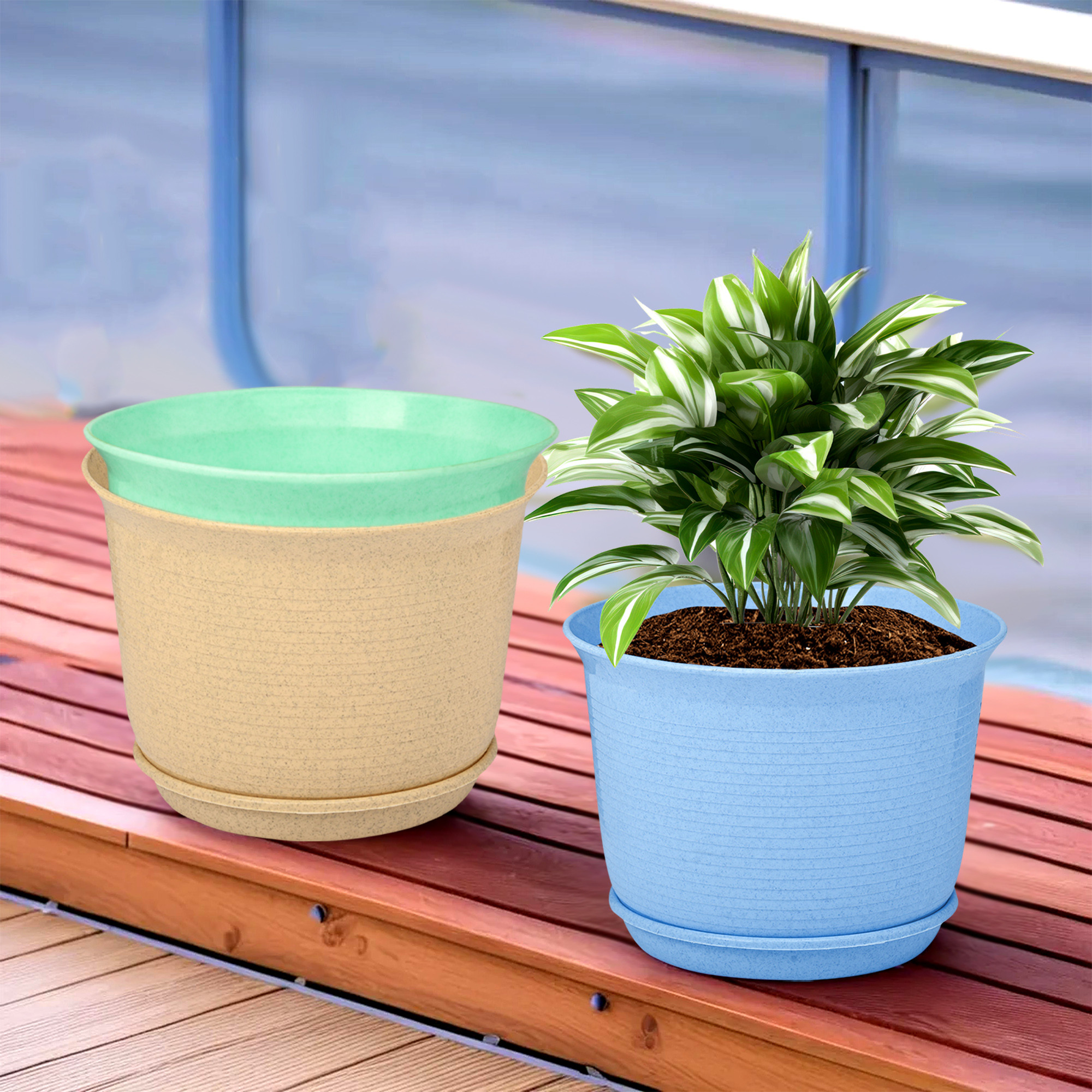 Kuber Industries Pack of 3 Flower Pot with Bottom Tray | Flower Pot for Living Room | Planters for Home-Balcony & Garden | Flower Planter | Marble Sawera | 10 Inch | Blue-Beige & Green