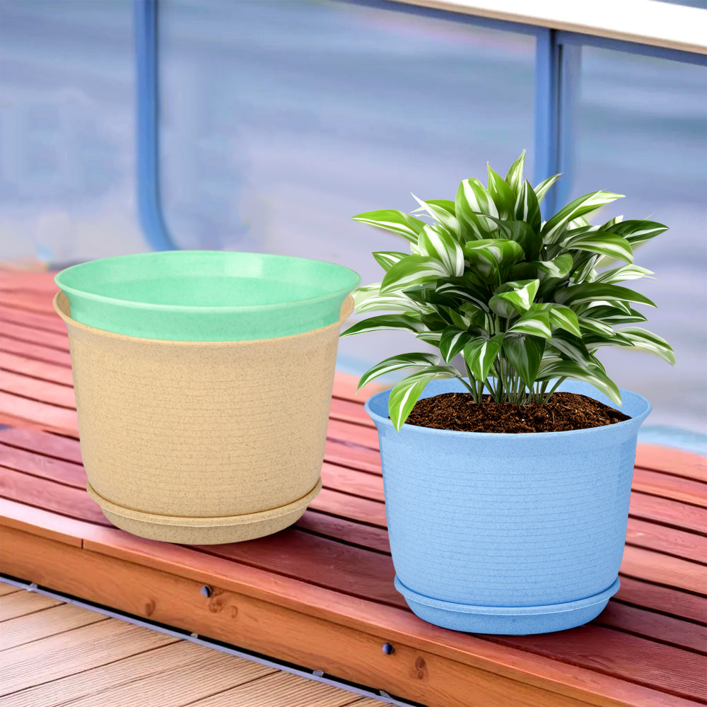 Kuber Industries Pack of 3 Flower Pot with Bottom Tray | Flower Pot for Living Room | Planters for Home-Balcony &amp; Garden | Flower Planter | Marble Sawera | 10 Inch | Blue-Beige &amp; Green