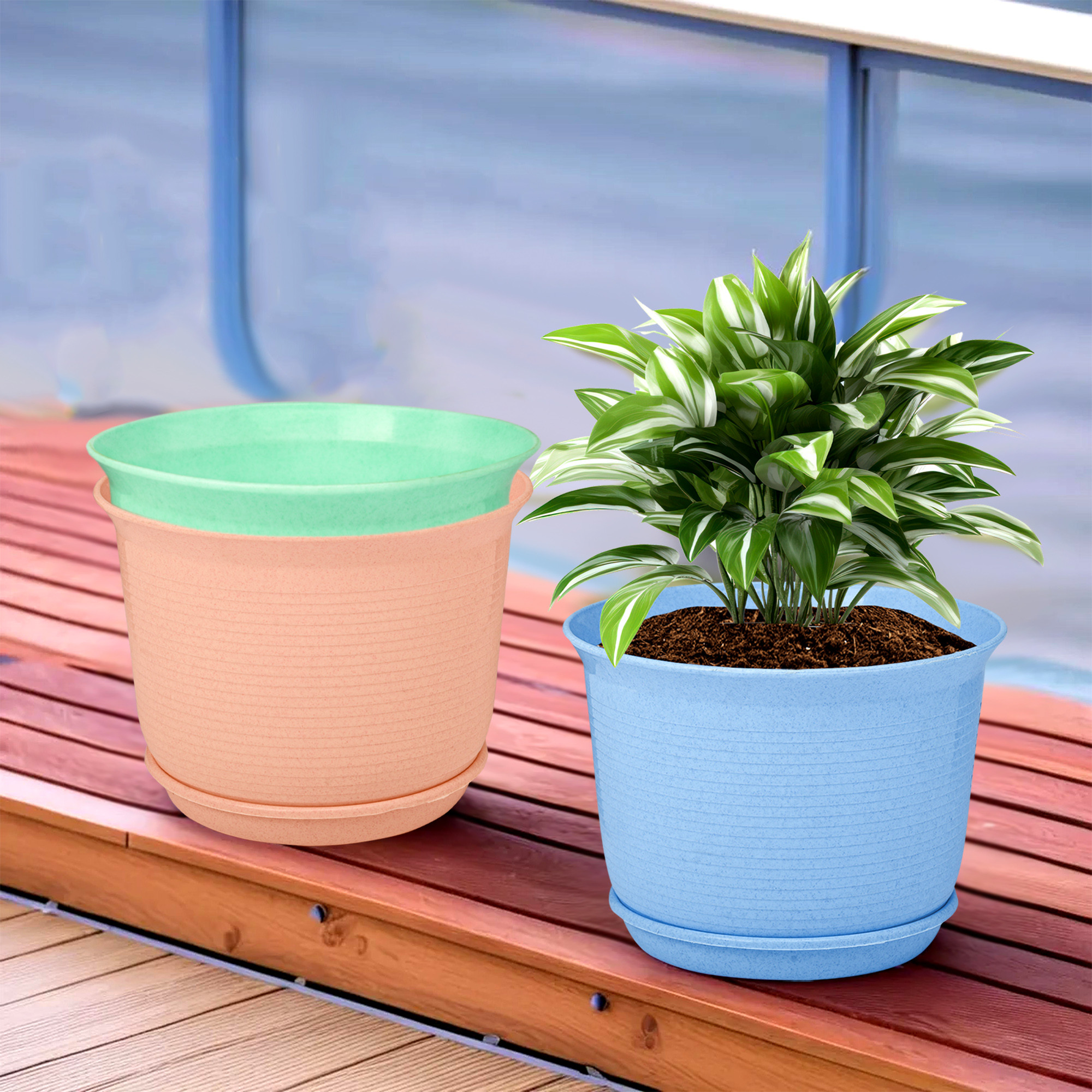 Kuber Industries Pack of 3 Flower Pot with Bottom Tray | Flower Pot for Living Room | Planters for Home-Balcony & Garden | Flower Planter | Marble Sawera | 10 Inch | Blue-Peach & Green