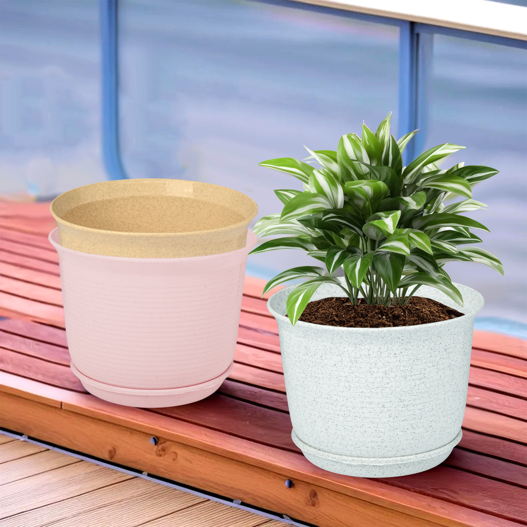 Kuber Industries Pack of 3 Flower Pot with Bottom Tray | Flower Pot for Living Room | Planters for Home-Balcony & Garden | Flower Planter | Marble Sawera | 10 Inch | White-Pink & Beige