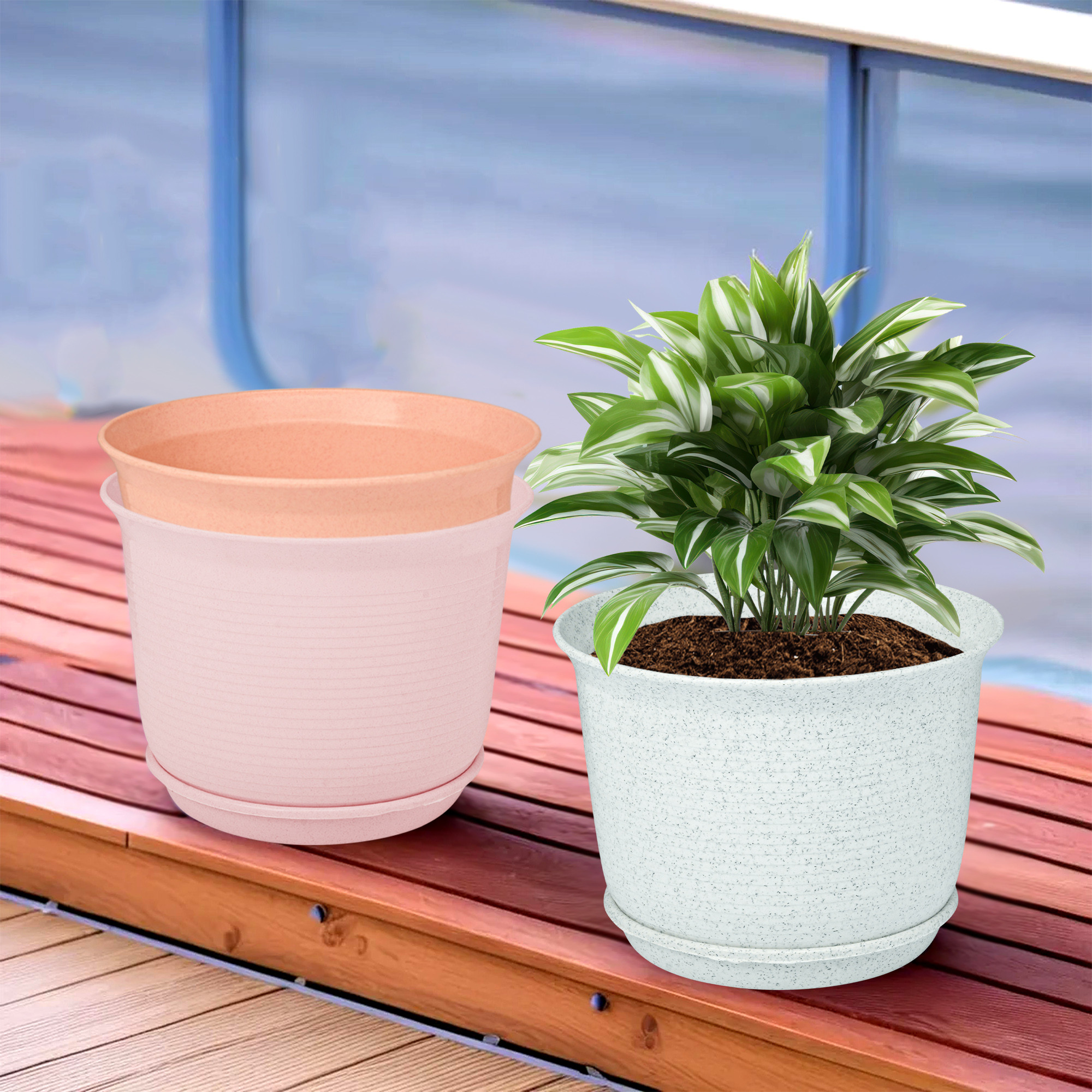 Kuber Industries Pack of 3 Flower Pot with Bottom Tray | Flower Pot for Living Room | Planters for Home-Balcony & Garden | Flower Planter | Marble Sawera | 10 Inch | White-Pink & Peach