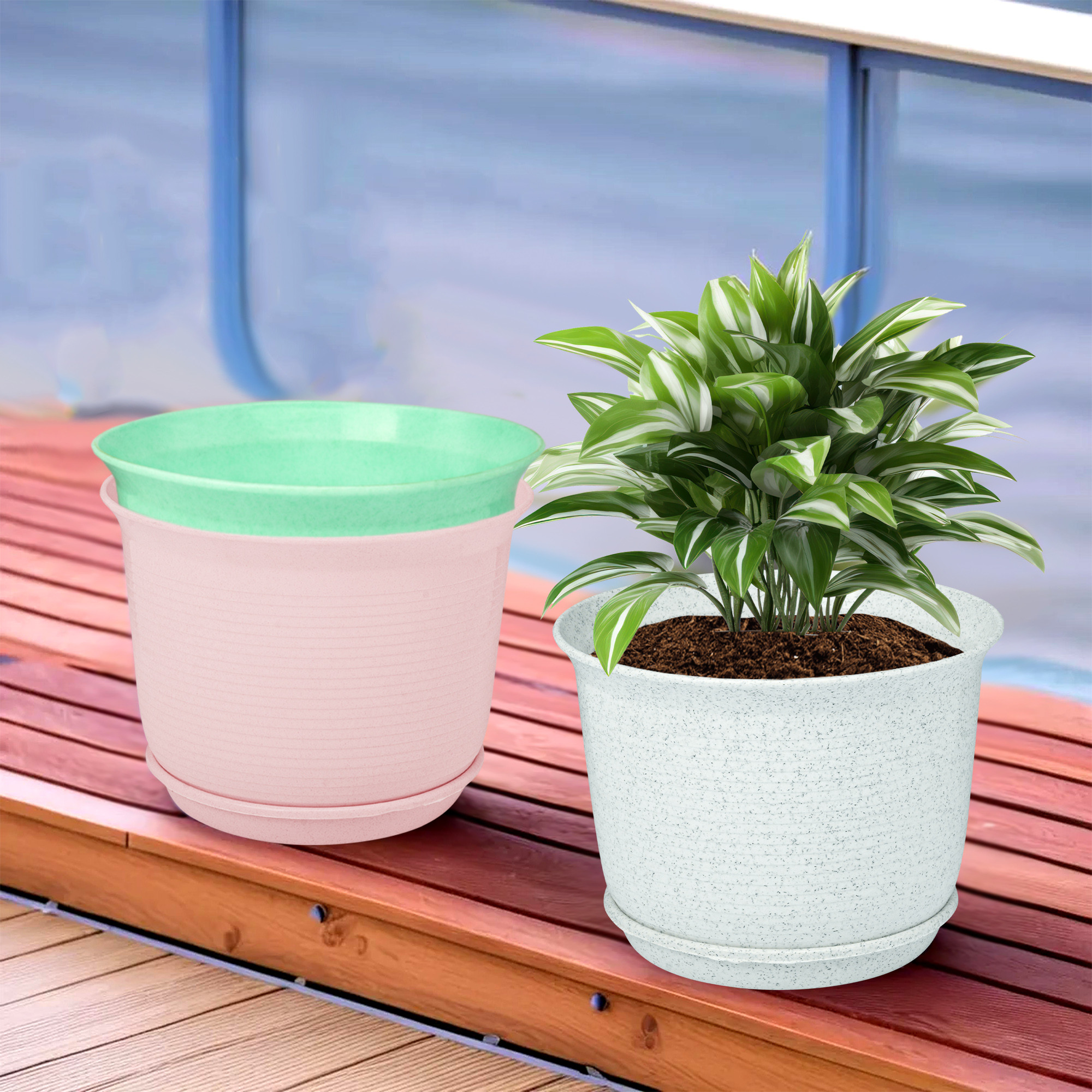 Kuber Industries Pack of 3 Flower Pot with Bottom Tray | Flower Pot for Living Room | Planters for Home-Balcony & Garden | Flower Planter | Marble Sawera | 10 Inch | White-Pink & Green