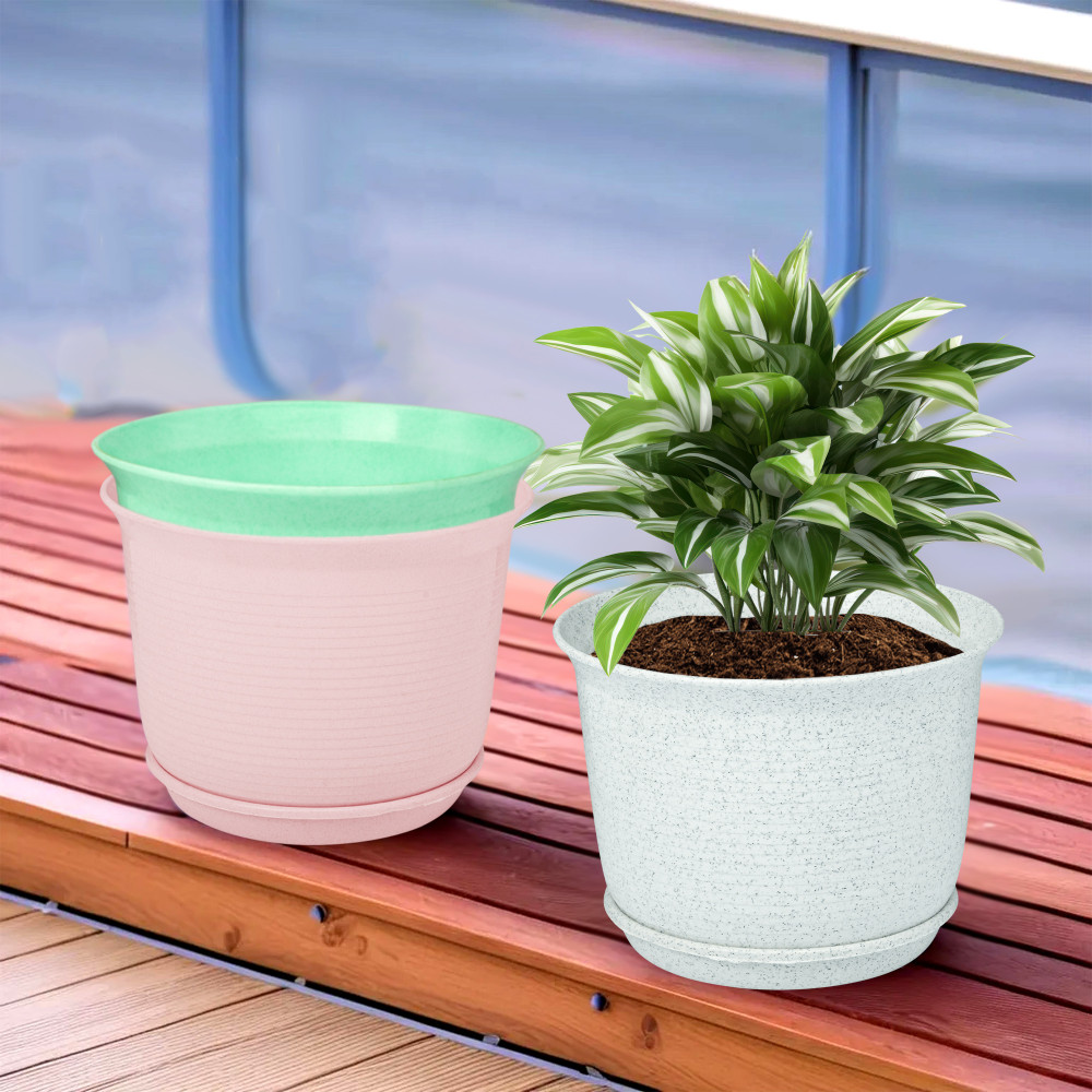 Kuber Industries Pack of 3 Flower Pot with Bottom Tray | Flower Pot for Living Room | Planters for Home-Balcony &amp; Garden | Flower Planter | Marble Sawera | 10 Inch | White-Pink &amp; Green