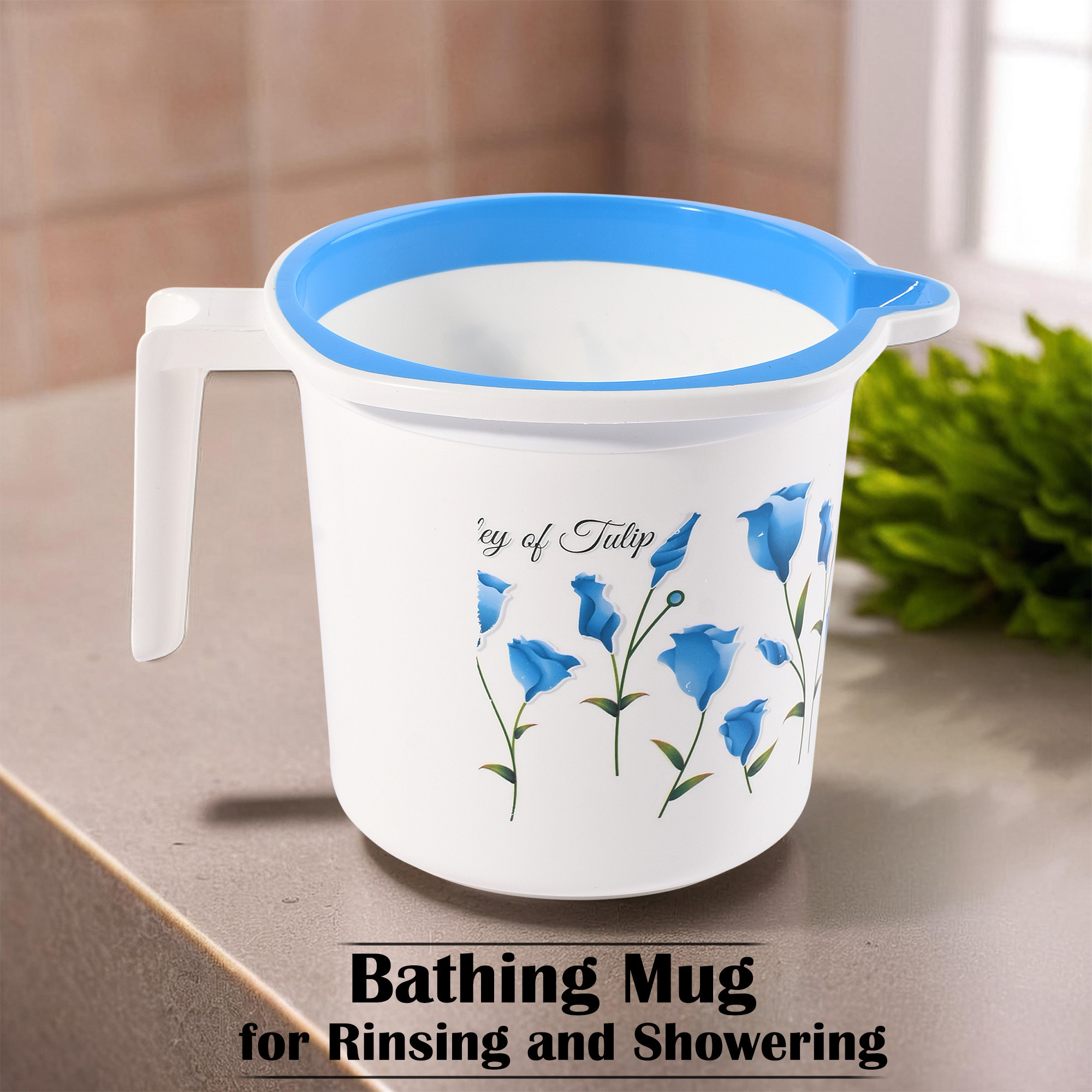 Kuber Industries Pack of 3 Multi-Functional 15 Liter Plastic Mug for Bathroom  Durable for Daily Use in Bathrooms  Lightweight Bathing Mug for Rinsing and Showering  Tulip Print - Blue