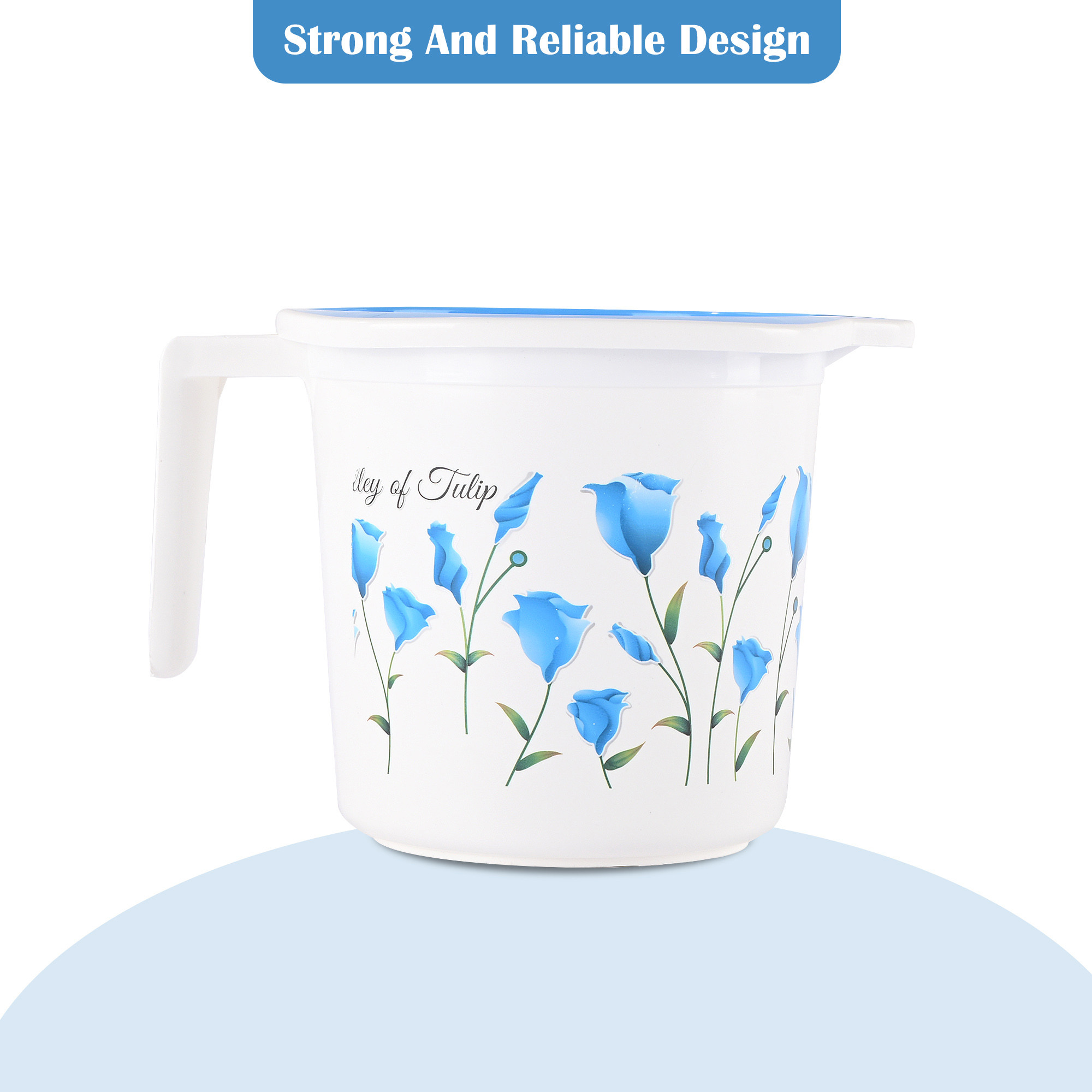 Kuber Industries Pack of 3 Multi-Functional 15 Liter Plastic Mug for Bathroom  Durable for Daily Use in Bathrooms  Lightweight Bathing Mug for Rinsing and Showering  Tulip Print - Blue