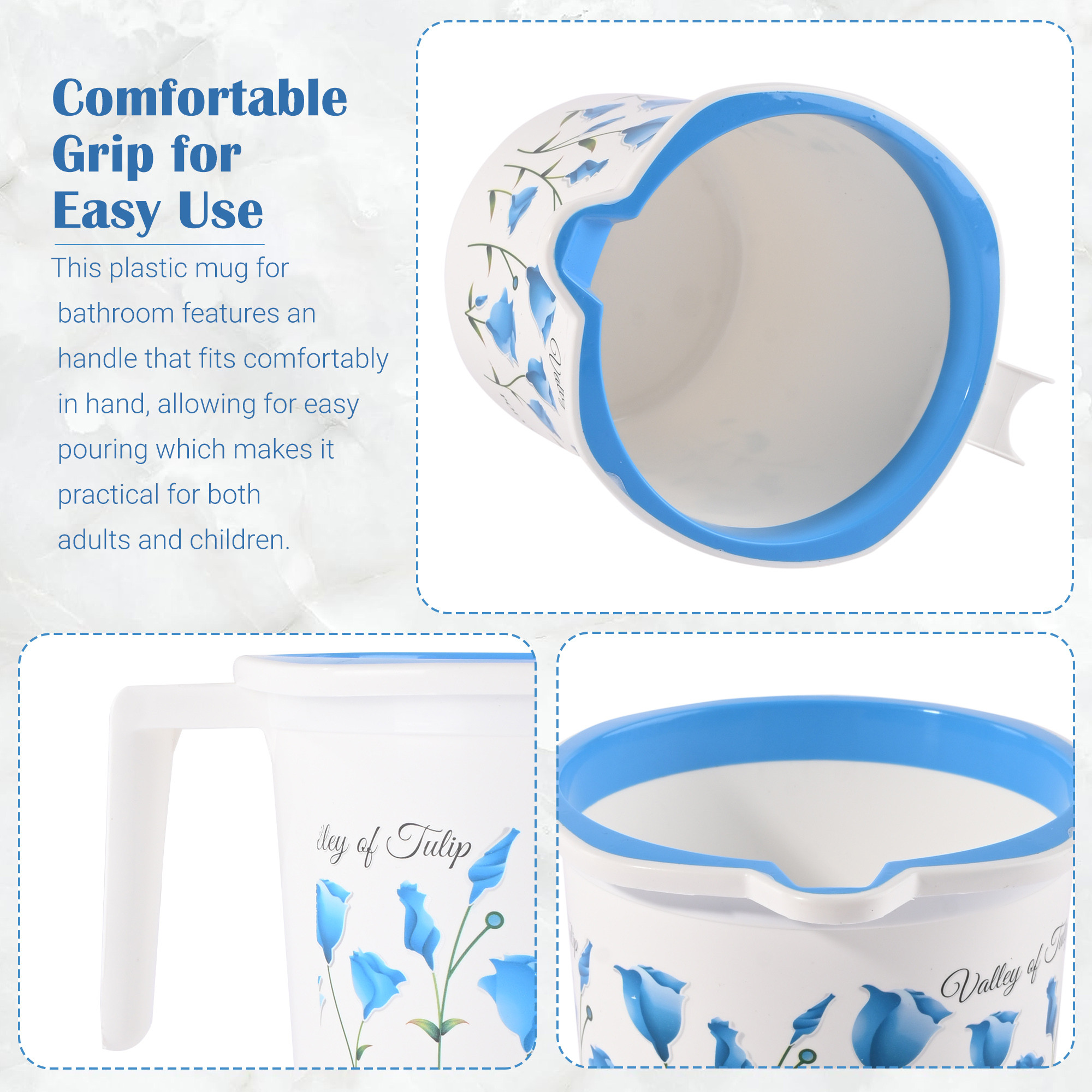 Kuber Industries Pack of 3 Multi-Functional 15 Liter Plastic Mug for Bathroom  Durable for Daily Use in Bathrooms  Lightweight Bathing Mug for Rinsing and Showering  Tulip Print - Blue