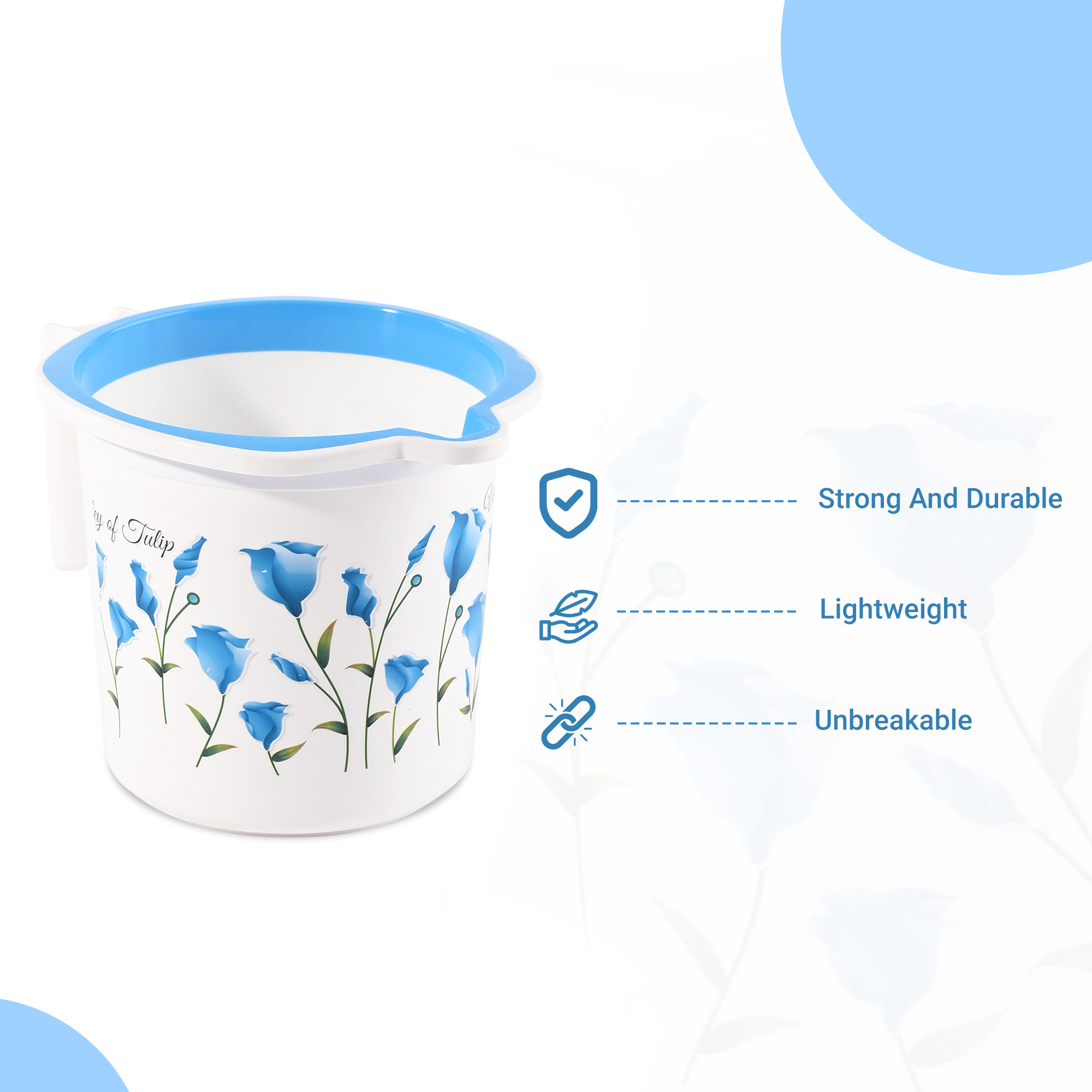 Kuber Industries Pack of 3 Multi-Functional 15 Liter Plastic Mug for Bathroom  Durable for Daily Use in Bathrooms  Lightweight Bathing Mug for Rinsing and Showering  Tulip Print - Blue