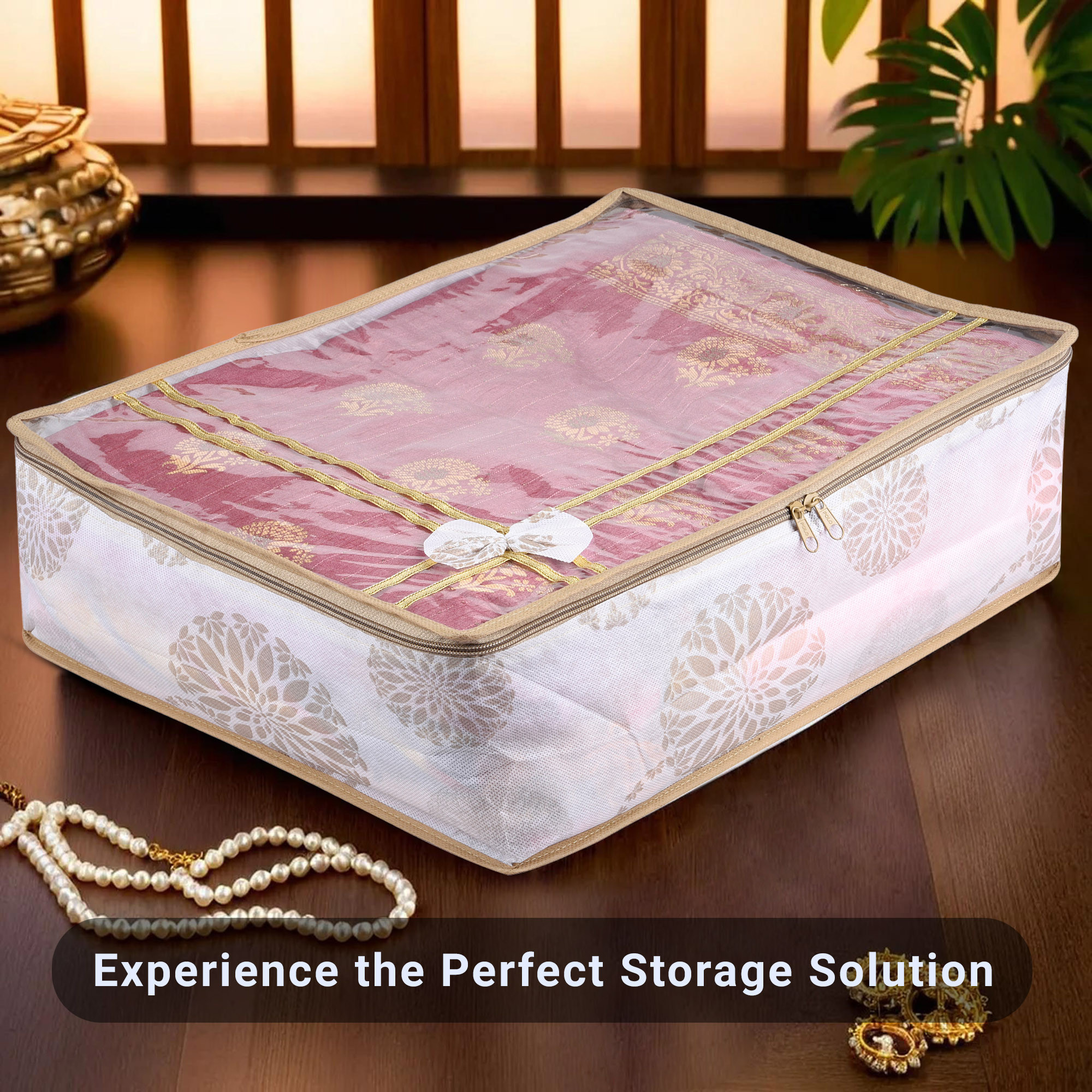 Kuber Industries Pack of 3 Saree Storage Bag  6 Inch  Wardrobe Storage Bag for Saree-Suit-Lehenga  Lightweight-Portable Garments Bag  Top Visible Window Bag  Bow-Gola Print  White