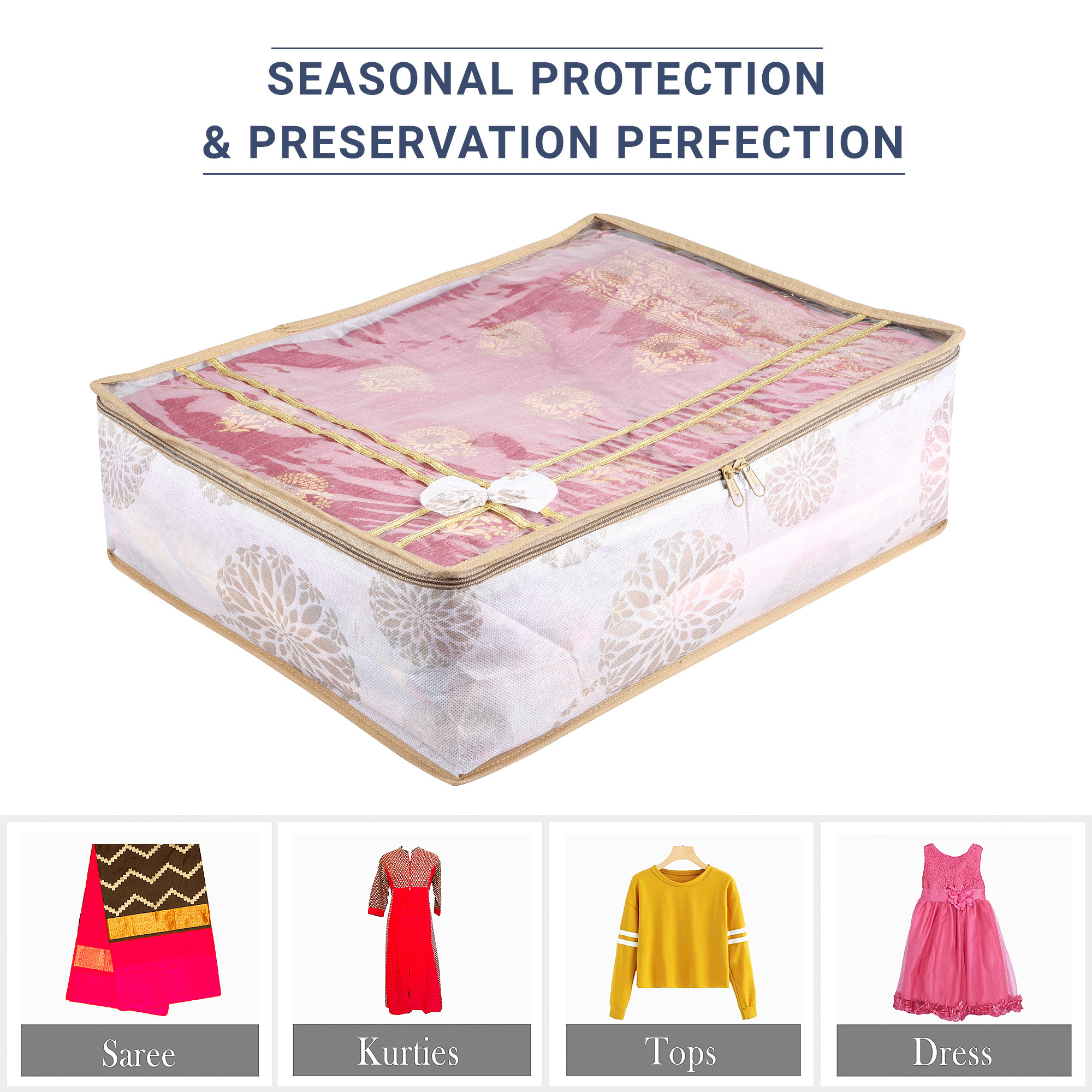 Kuber Industries Pack of 3 Saree Storage Bag  6 Inch  Wardrobe Storage Bag for Saree-Suit-Lehenga  Lightweight-Portable Garments Bag  Top Visible Window Bag  Bow-Gola Print  White