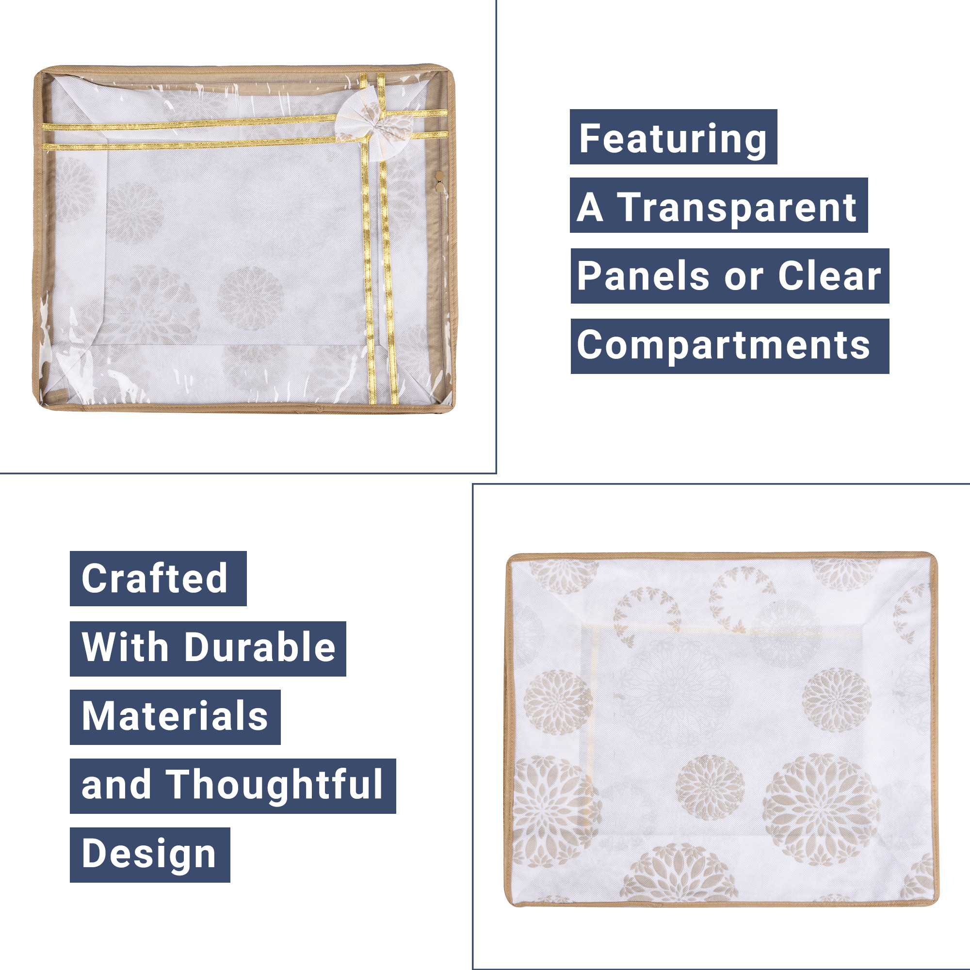 Kuber Industries Pack of 3 Saree Storage Bag  6 Inch  Wardrobe Storage Bag for Saree-Suit-Lehenga  Lightweight-Portable Garments Bag  Top Visible Window Bag  Bow-Gola Print  White