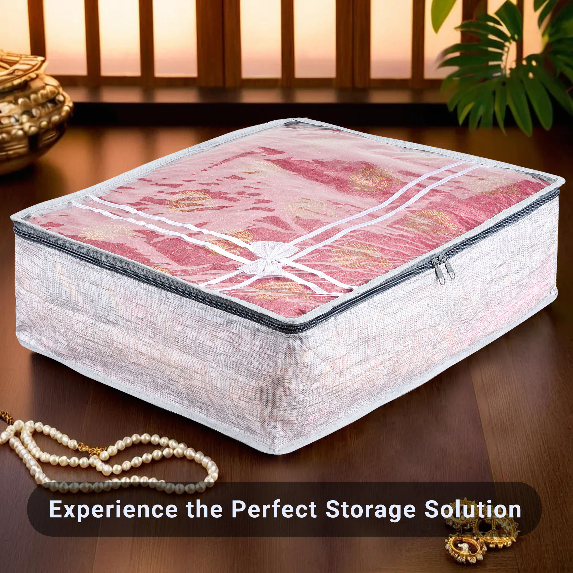 Kuber Industries Pack of 3 Saree Storage Bag  6 Inch  Wardrobe Storage Bag for Saree-Suit-Lehenga  Lightweight-Portable Garments Bag  Top Visible Window Bag  Bow-Jute Printed  Grey