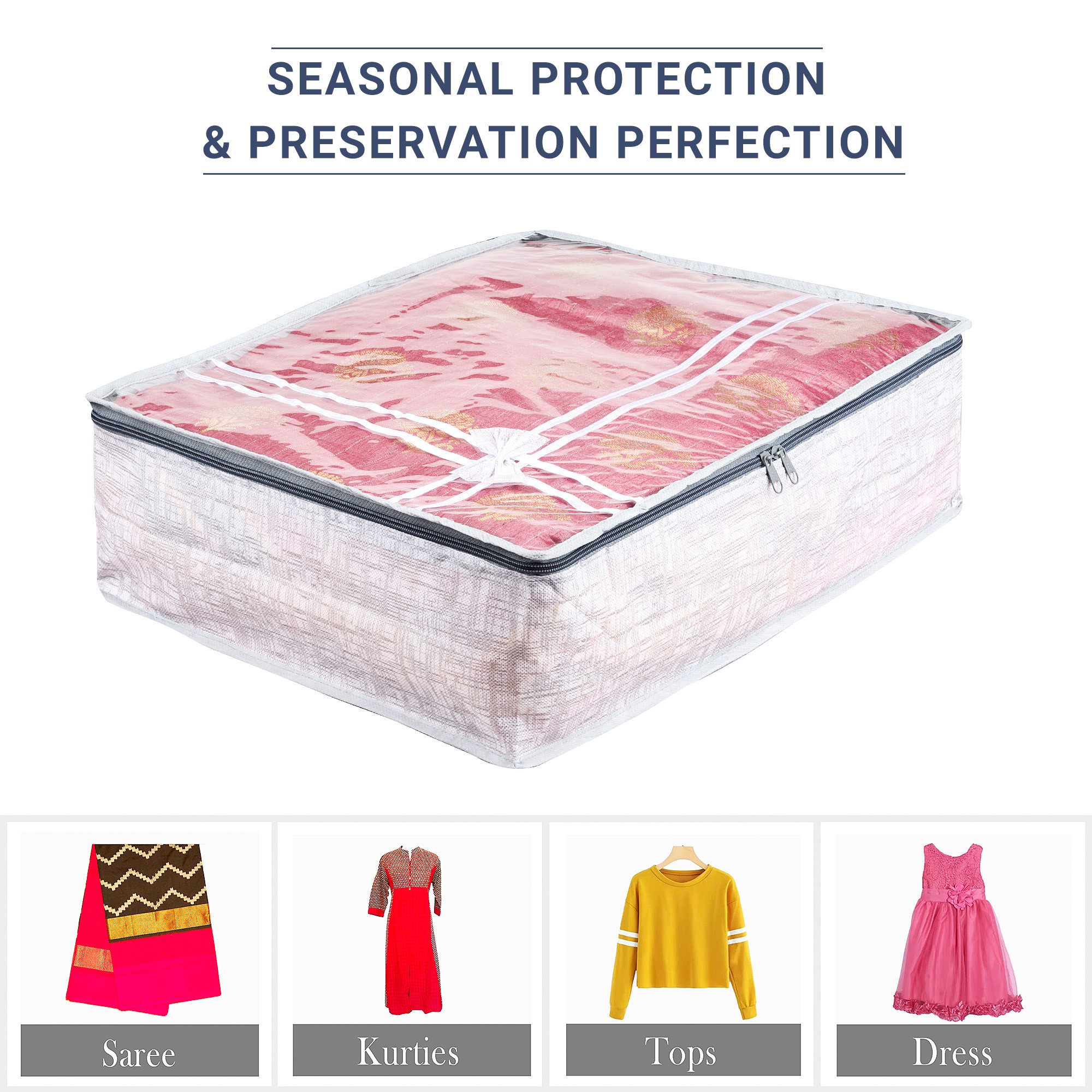 Kuber Industries Pack of 3 Saree Storage Bag  6 Inch  Wardrobe Storage Bag for Saree-Suit-Lehenga  Lightweight-Portable Garments Bag  Top Visible Window Bag  Bow-Jute Printed  Grey