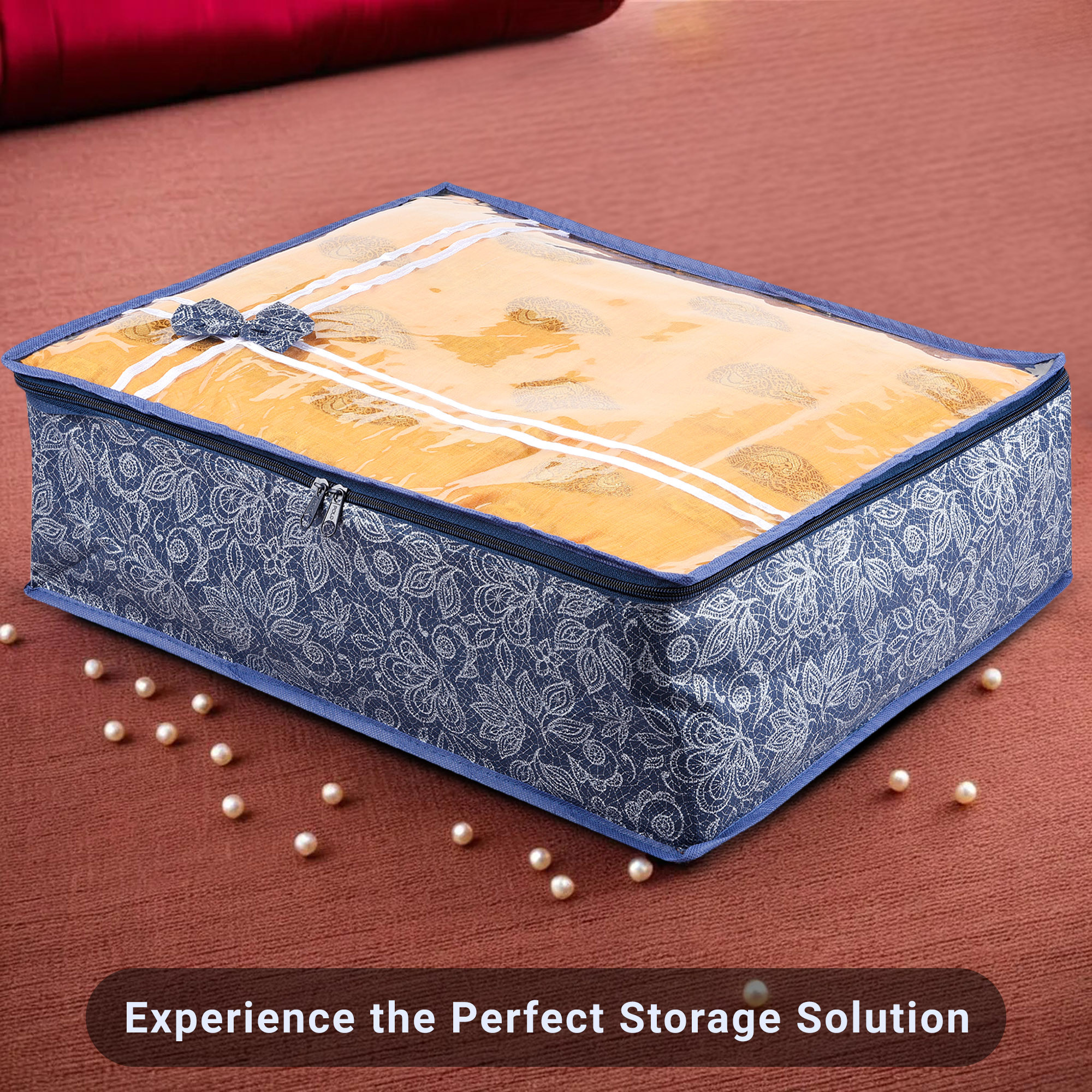 Kuber Industries Pack of 3 Saree Storage Bag  6 Inch  Wardrobe Storage Bag for Saree-Suit-Lehenga  Lightweight-Portable Garments Bag  Top Visible Window Bag  Bow-Flower Printed  Navy Blue