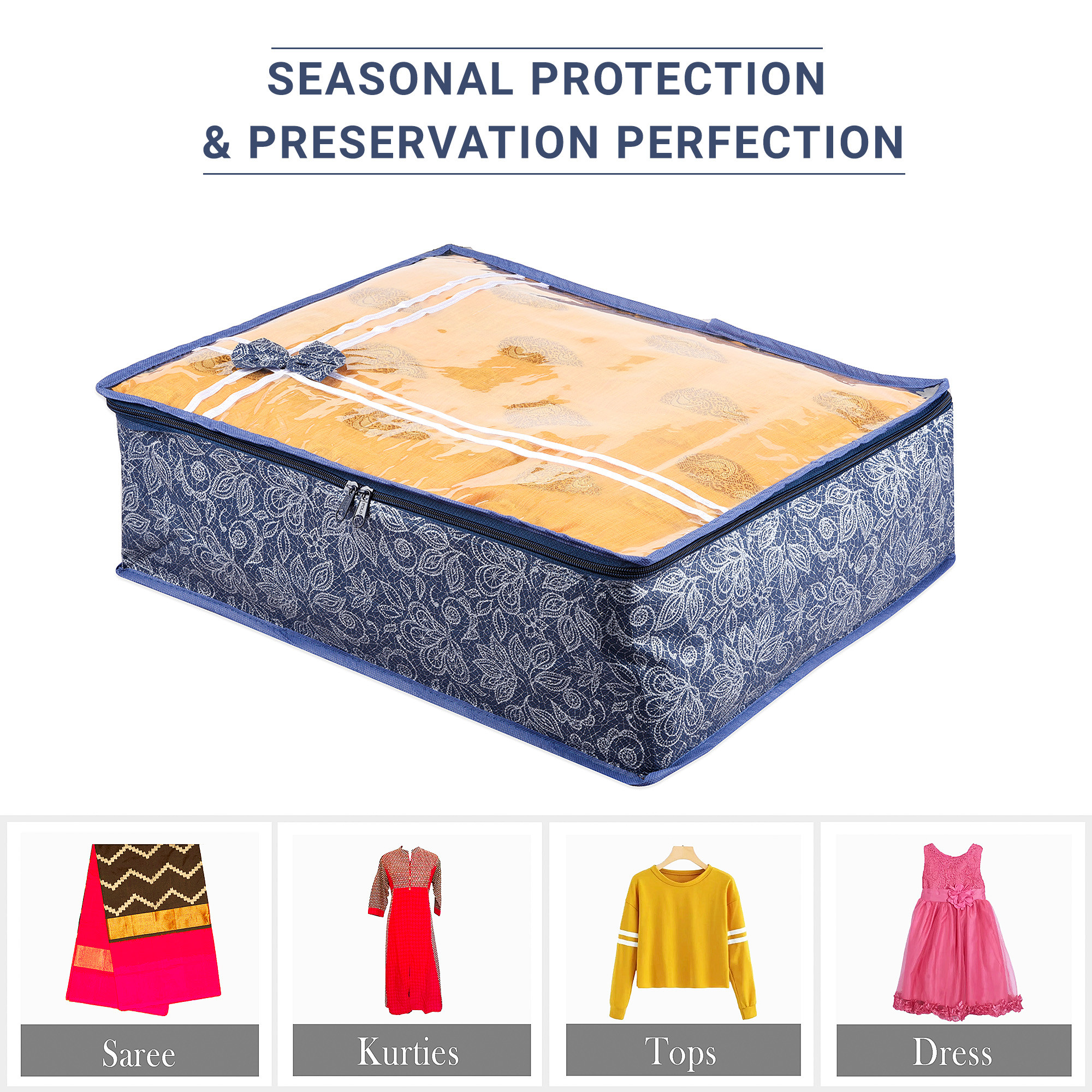 Kuber Industries Pack of 3 Saree Storage Bag  6 Inch  Wardrobe Storage Bag for Saree-Suit-Lehenga  Lightweight-Portable Garments Bag  Top Visible Window Bag  Bow-Flower Printed  Navy Blue