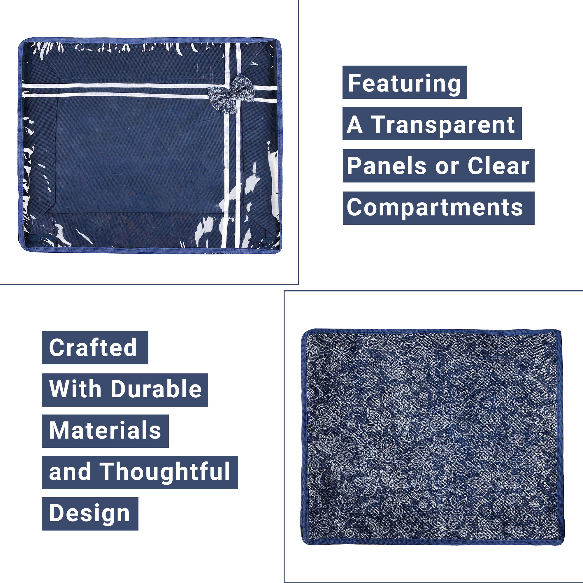Kuber Industries Pack of 3 Saree Storage Bag  6 Inch  Wardrobe Storage Bag for Saree-Suit-Lehenga  Lightweight-Portable Garments Bag  Top Visible Window Bag  Bow-Flower Printed  Navy Blue