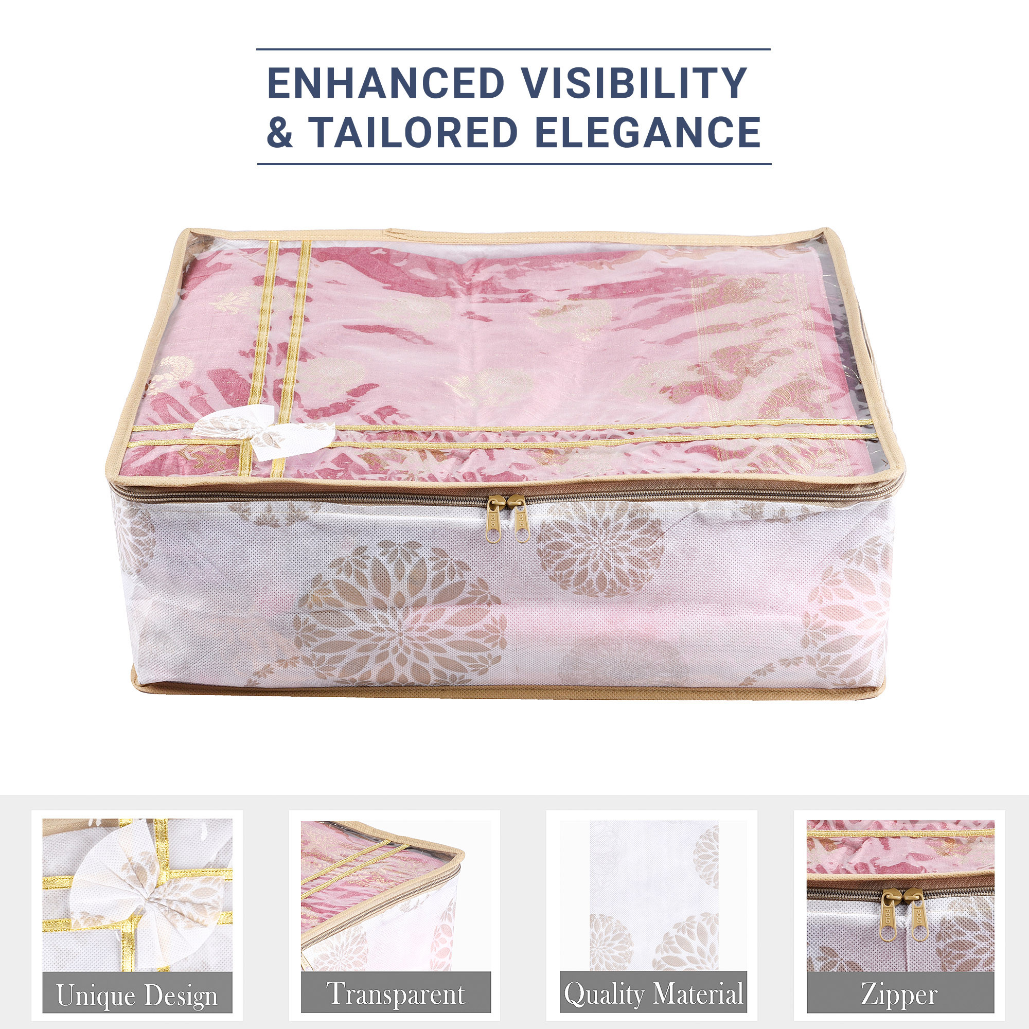 Kuber Industries Pack of 3 Saree Storage Bag  6 Inch  Wardrobe Storage Bag for Saree-Suit-Lehenga  Lightweight-Portable Garments Bag  Top Visible Window Bag  Bow-Gola Print  White