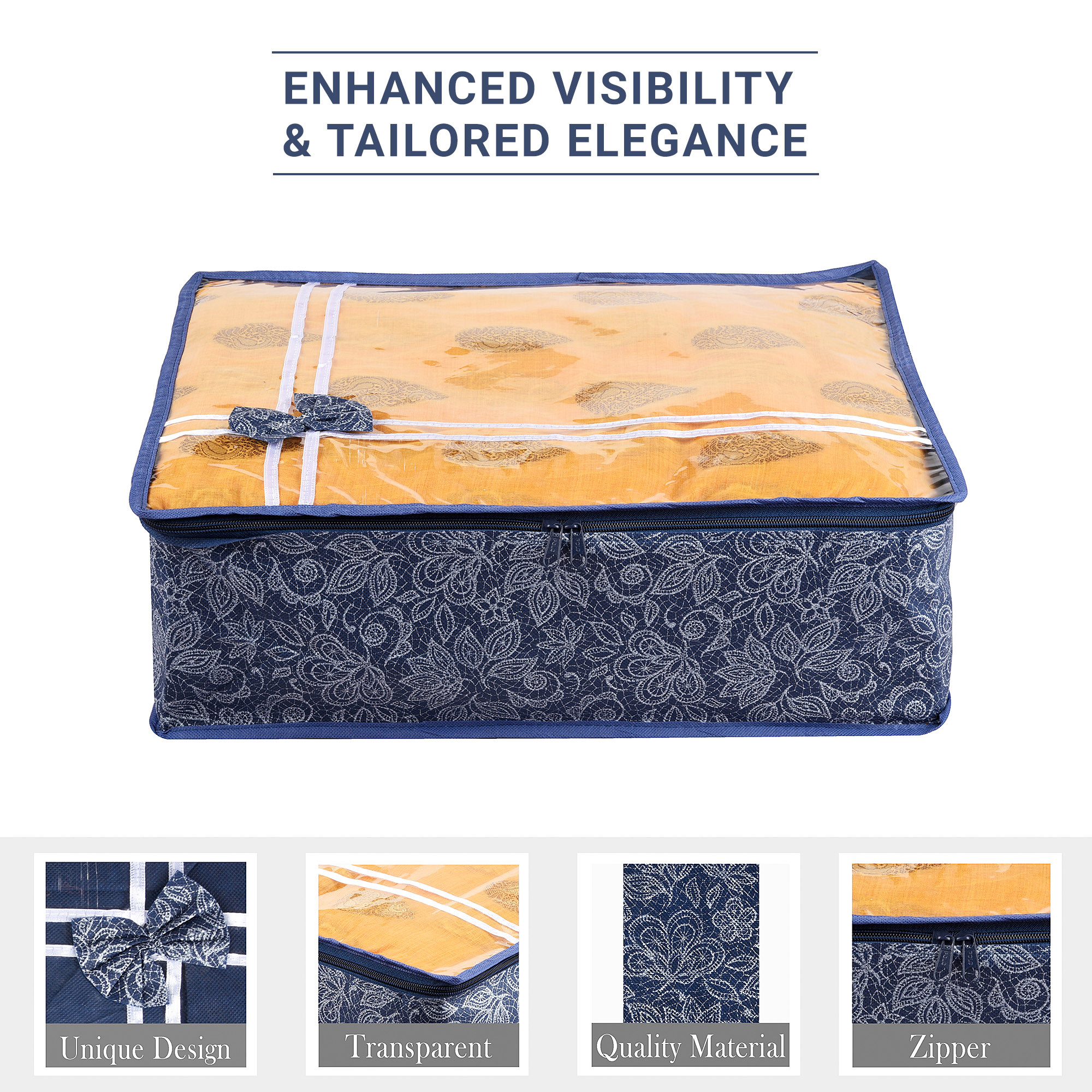Kuber Industries Pack of 3 Saree Storage Bag  6 Inch  Wardrobe Storage Bag for Saree-Suit-Lehenga  Lightweight-Portable Garments Bag  Top Visible Window Bag  Bow-Flower Printed  Navy Blue