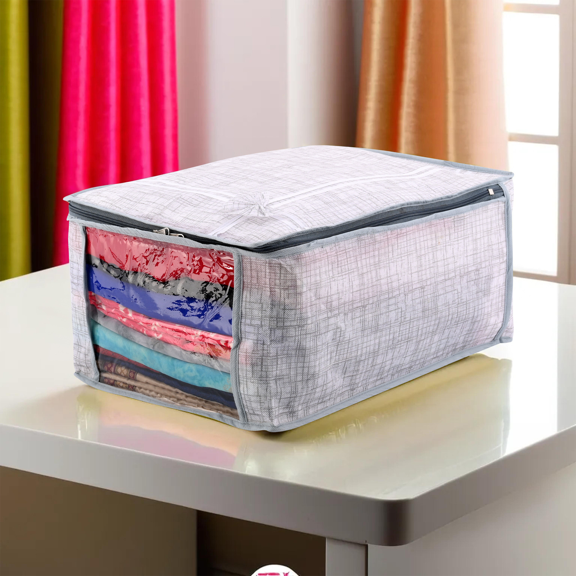 Kuber Industries Pack of 3 Saree Storage Bag  9 Inch  Wardrobe Bag for Lehenga-Suit  Garments Bag  Lightweight-Portable Clothes Bag  Visible Window Saree Bag  Bow Jute Printed  Grey