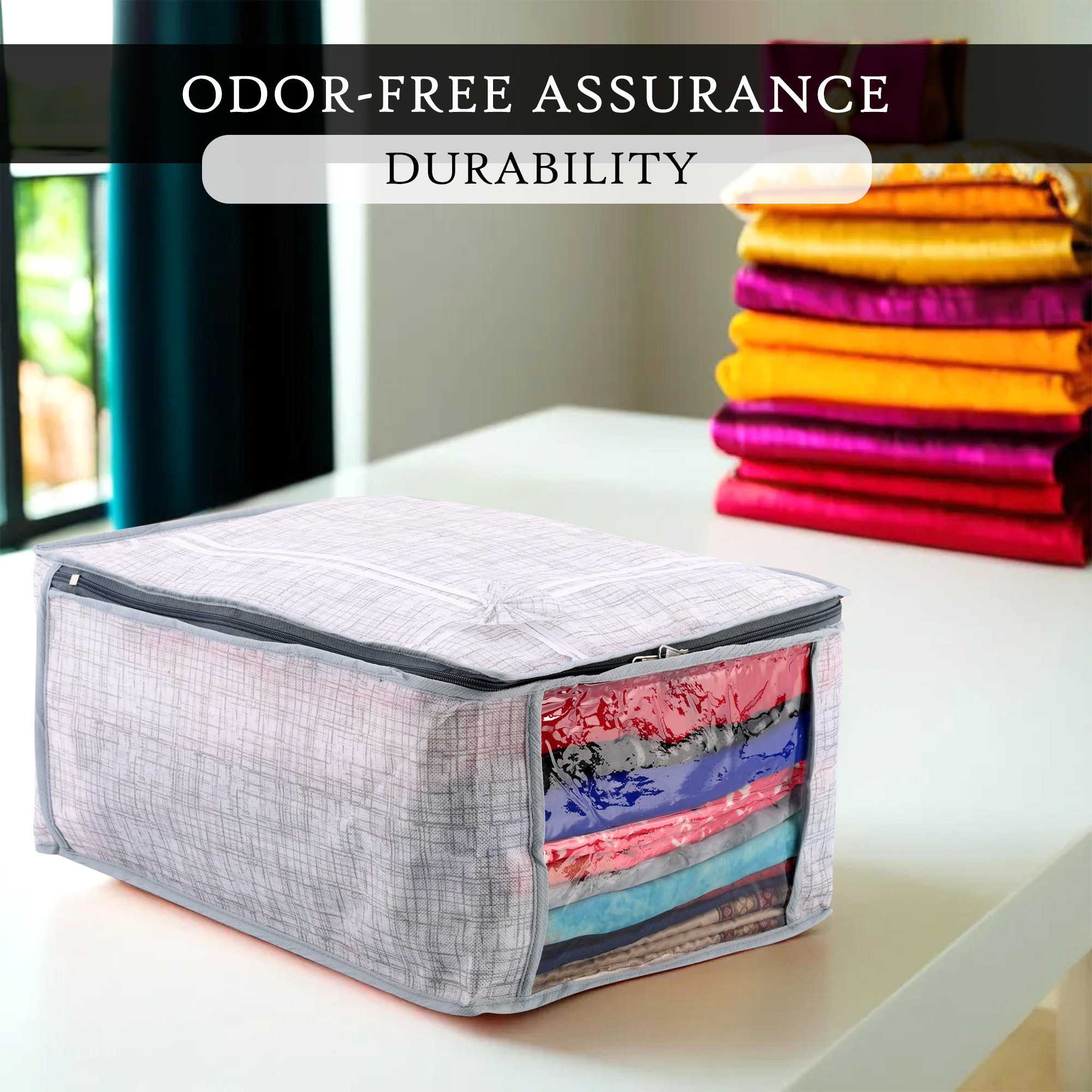 Kuber Industries Pack of 3 Saree Storage Bag  9 Inch  Wardrobe Bag for Lehenga-Suit  Garments Bag  Lightweight-Portable Clothes Bag  Visible Window Saree Bag  Bow Jute Printed  Grey