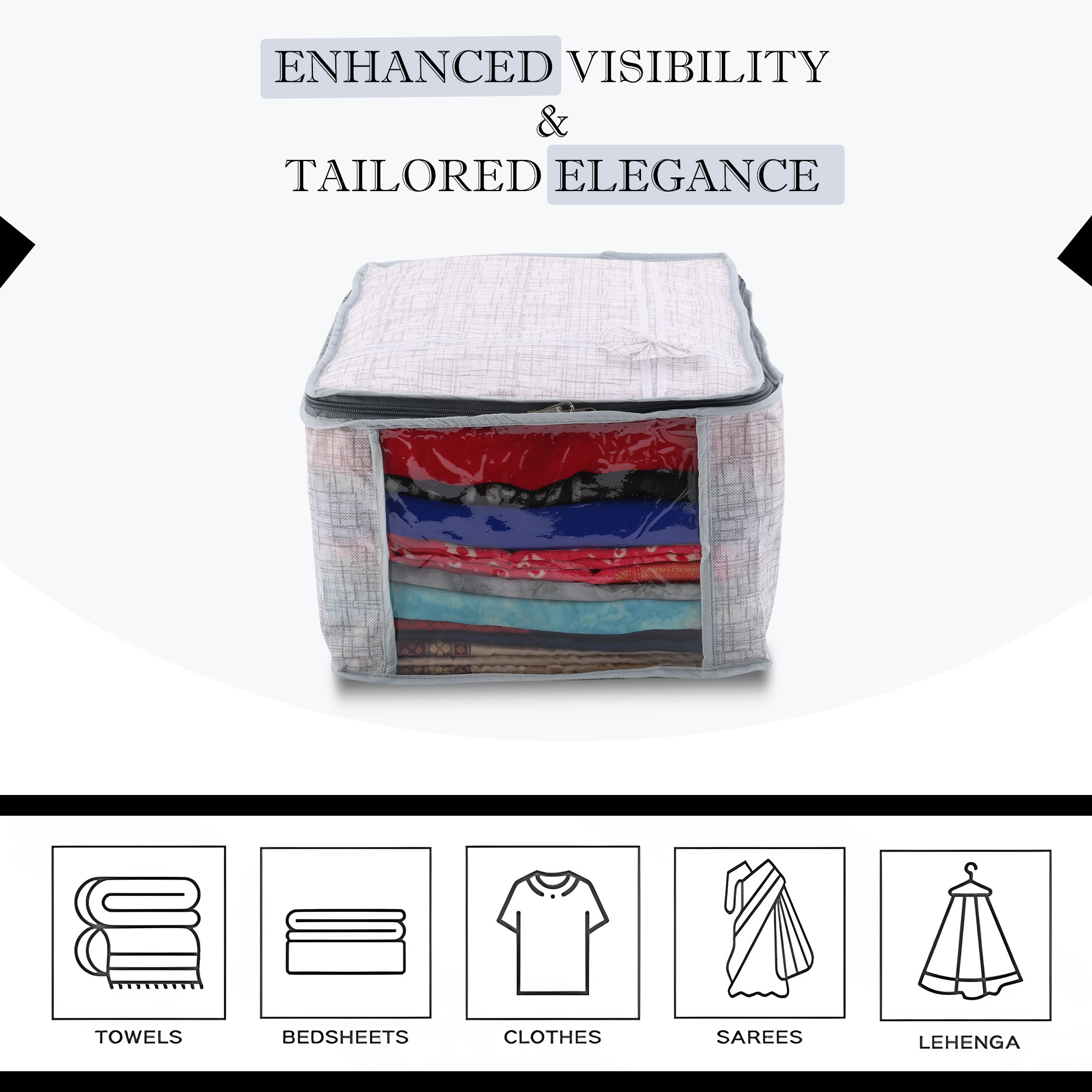 Kuber Industries Pack of 3 Saree Storage Bag  9 Inch  Wardrobe Bag for Lehenga-Suit  Garments Bag  Lightweight-Portable Clothes Bag  Visible Window Saree Bag  Bow Jute Printed  Grey