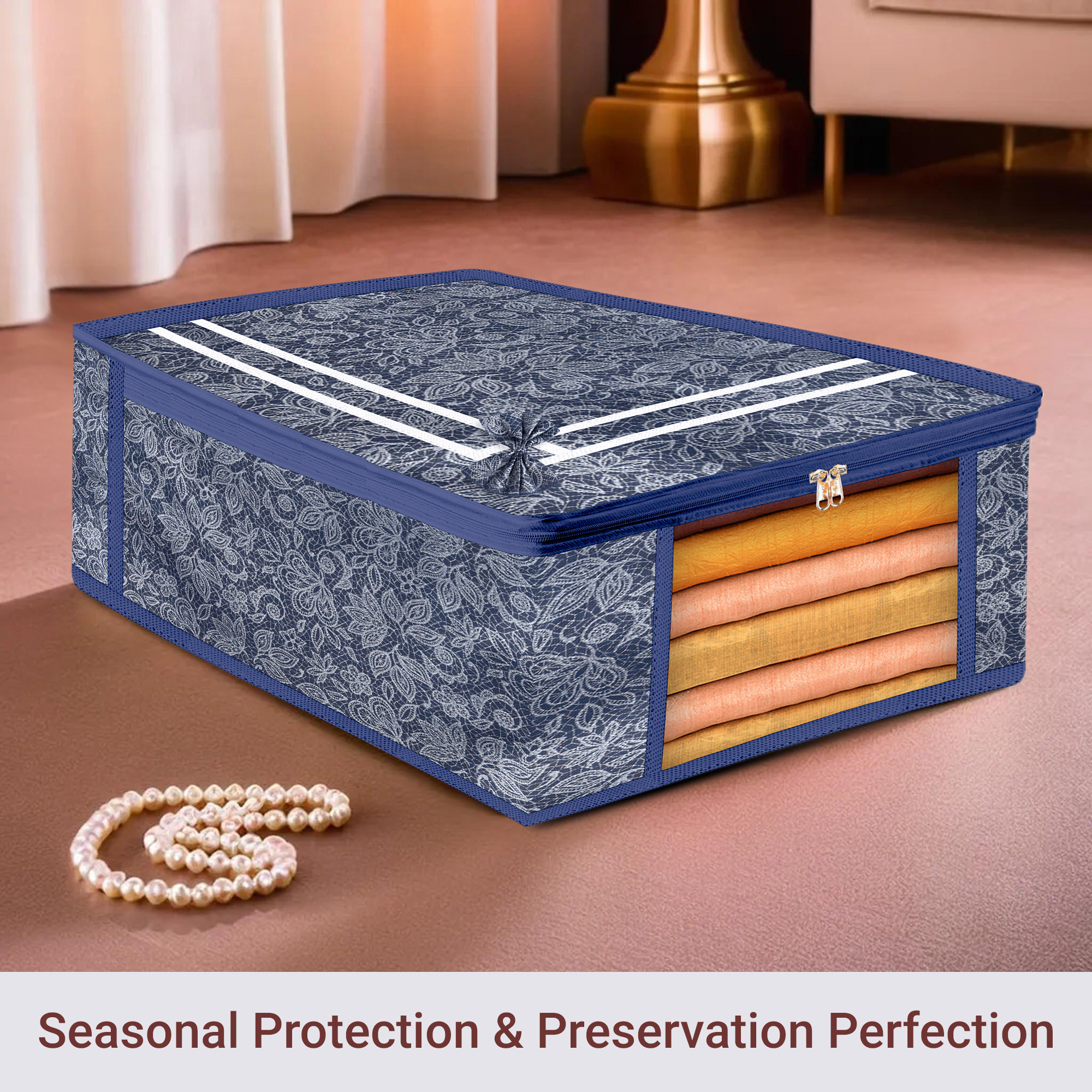 Kuber Industries Pack of 3 Saree Storage Bag  9 Inch  Wardrobe Bag for Lehenga-Suit  Garments Bag  Lightweight-Portable Clothes Bag  Visible Window Saree Bag  Bow Flower Printed  Navy Blue