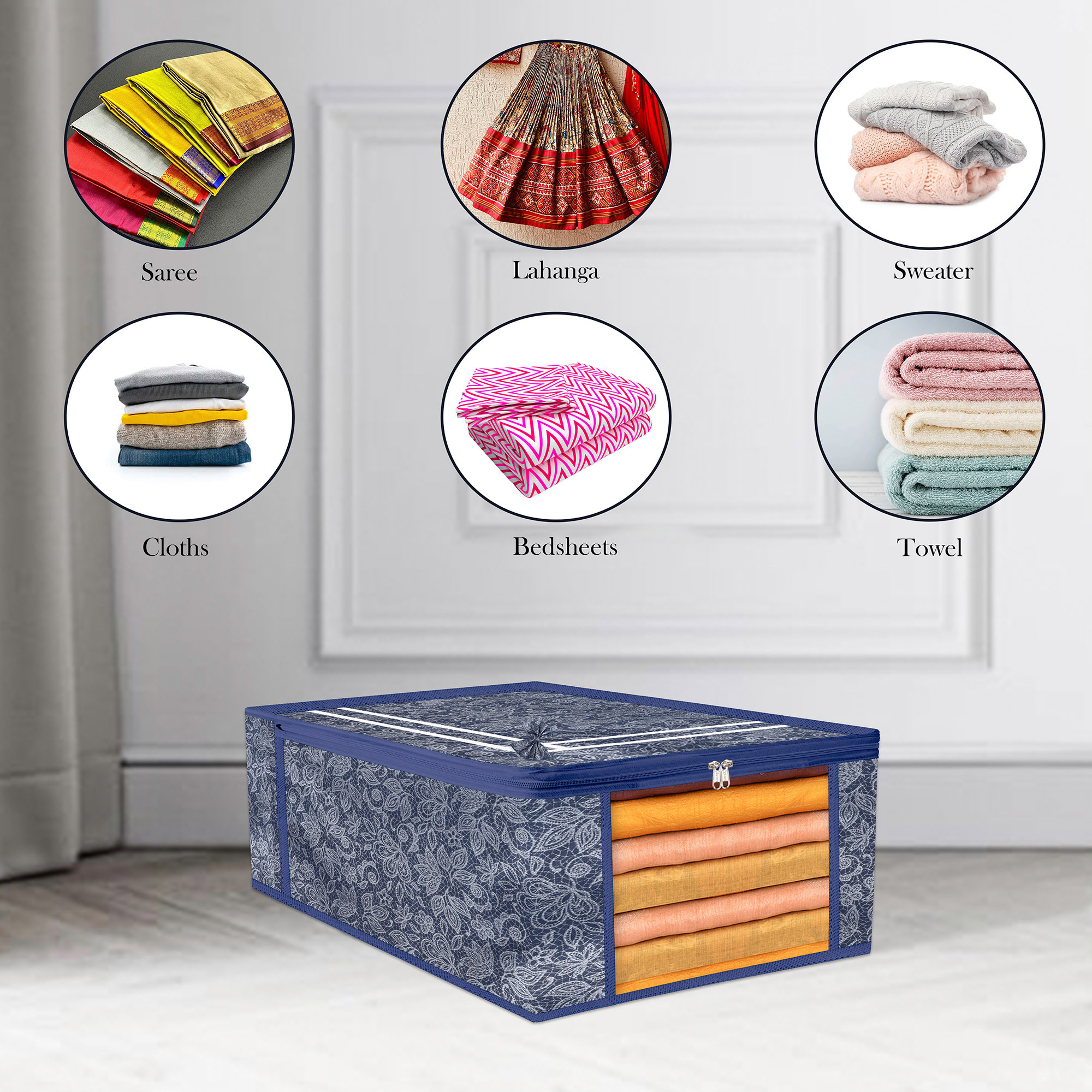 Kuber Industries Pack of 3 Saree Storage Bag  9 Inch  Wardrobe Bag for Lehenga-Suit  Garments Bag  Lightweight-Portable Clothes Bag  Visible Window Saree Bag  Bow Flower Printed  Navy Blue