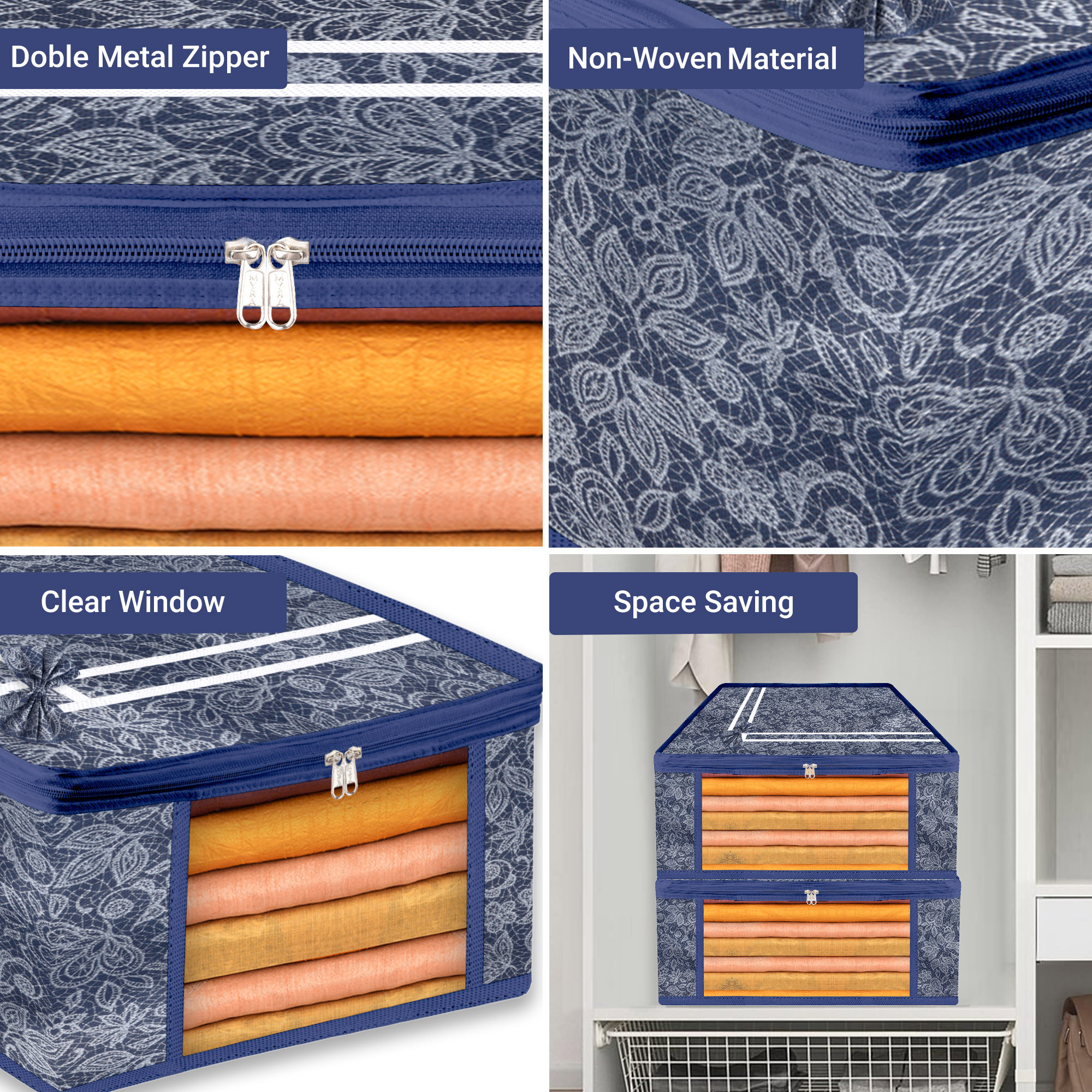 Kuber Industries Pack of 3 Saree Storage Bag  9 Inch  Wardrobe Bag for Lehenga-Suit  Garments Bag  Lightweight-Portable Clothes Bag  Visible Window Saree Bag  Bow Flower Printed  Navy Blue