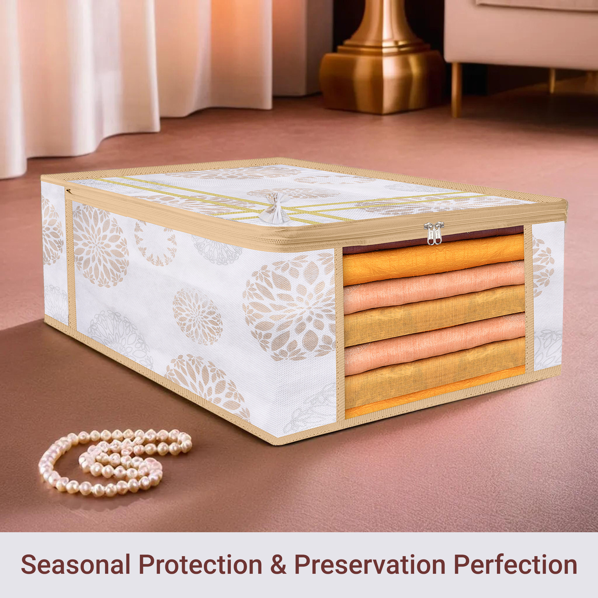 Kuber Industries Pack of 3 Saree Storage Bag  9 Inch  Wardrobe Bag for Lehenga-Suit  Garments Bag  Lightweight-Portable Clothes Bag  Visible Window Saree Bag  Bow Gola Print  White