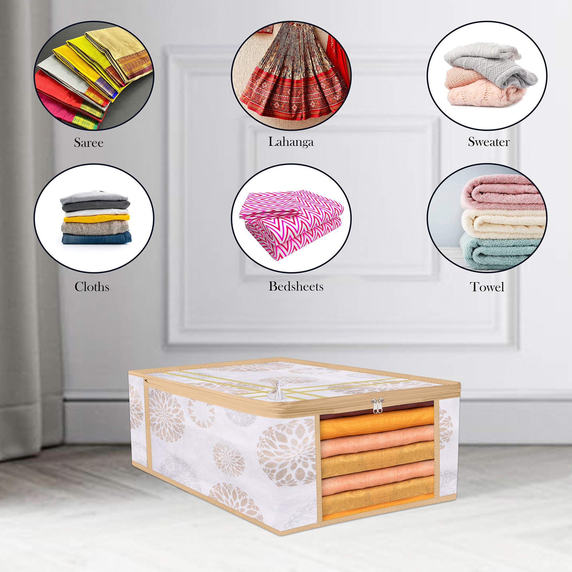 Kuber Industries Pack of 3 Saree Storage Bag  9 Inch  Wardrobe Bag for Lehenga-Suit  Garments Bag  Lightweight-Portable Clothes Bag  Visible Window Saree Bag  Bow Gola Print  White