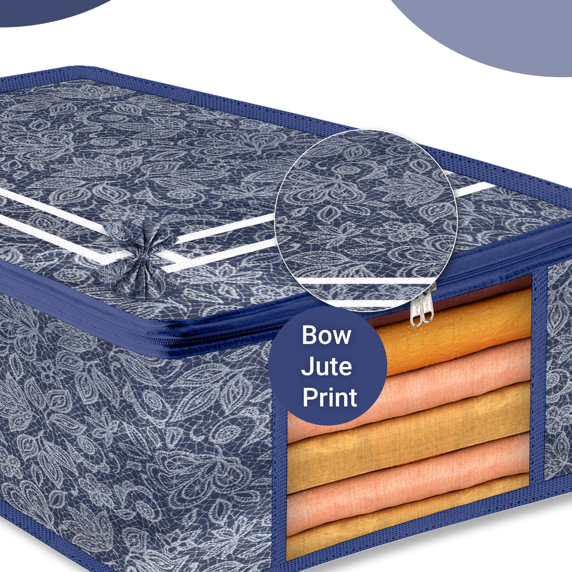 Kuber Industries Pack of 3 Saree Storage Bag  9 Inch  Wardrobe Bag for Lehenga-Suit  Garments Bag  Lightweight-Portable Clothes Bag  Visible Window Saree Bag  Bow Flower Printed  Navy Blue