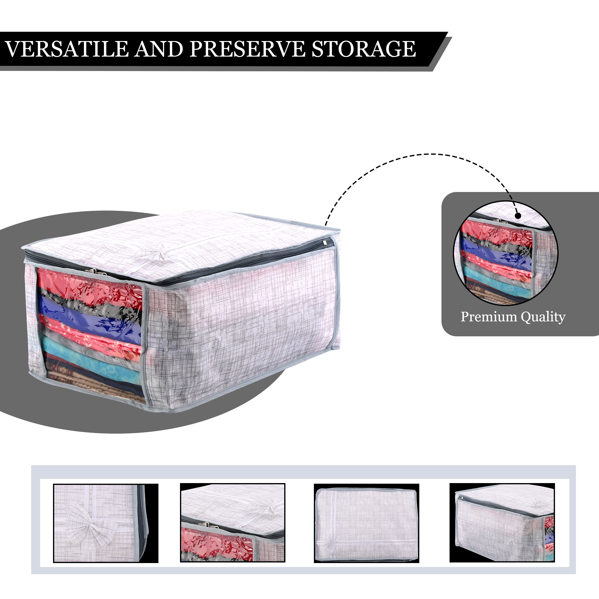 Kuber Industries Pack of 3 Saree Storage Bag  9 Inch  Wardrobe Bag for Lehenga-Suit  Garments Bag  Lightweight-Portable Clothes Bag  Visible Window Saree Bag  Bow Jute Printed  Grey