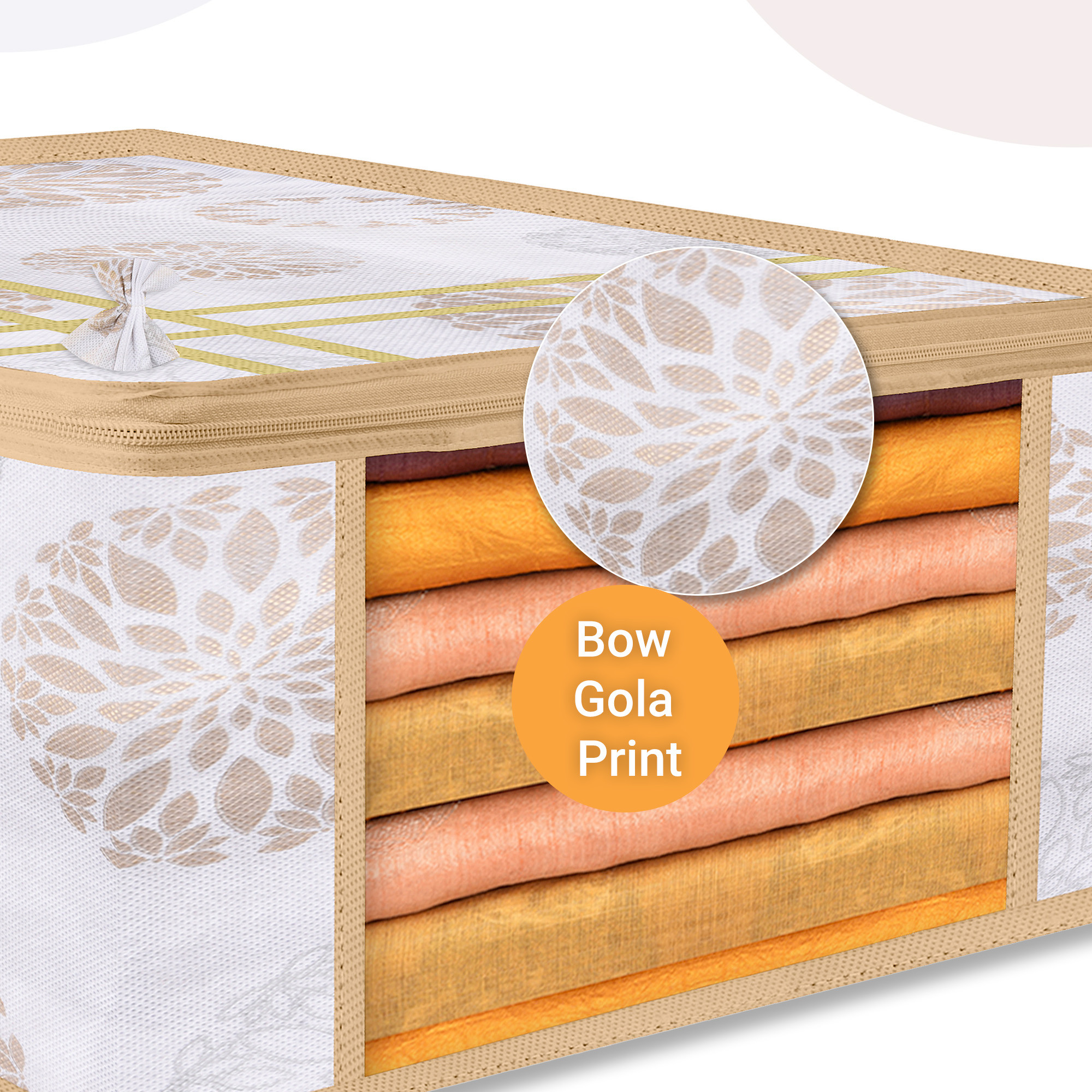 Kuber Industries Pack of 3 Saree Storage Bag  9 Inch  Wardrobe Bag for Lehenga-Suit  Garments Bag  Lightweight-Portable Clothes Bag  Visible Window Saree Bag  Bow Gola Print  White