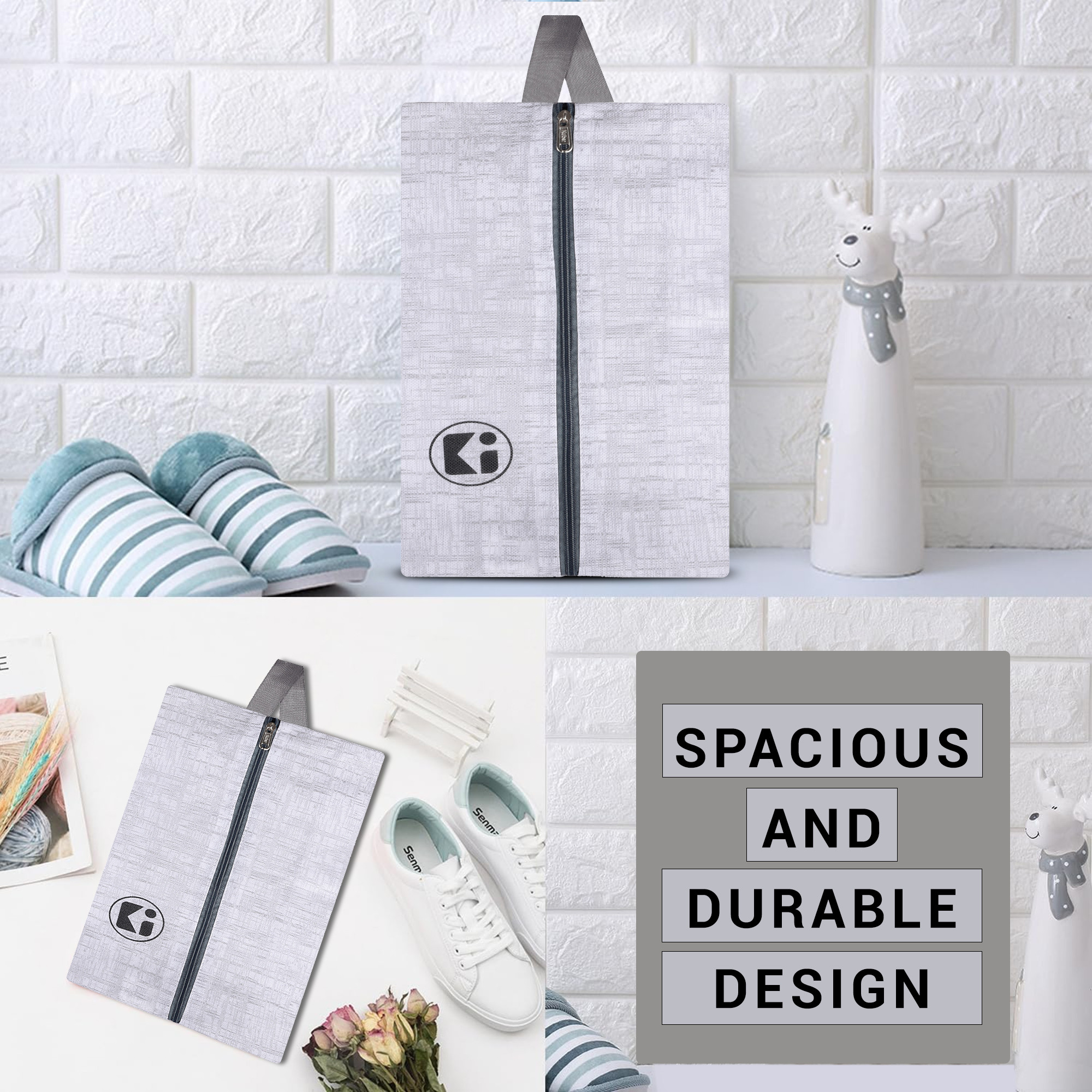 Kuber Industries Pack of 3 Shoe Bag For Travel  Drawstring Footwear Pouches  Toiletries Packing BagsCovers For Travelling  White  Grey