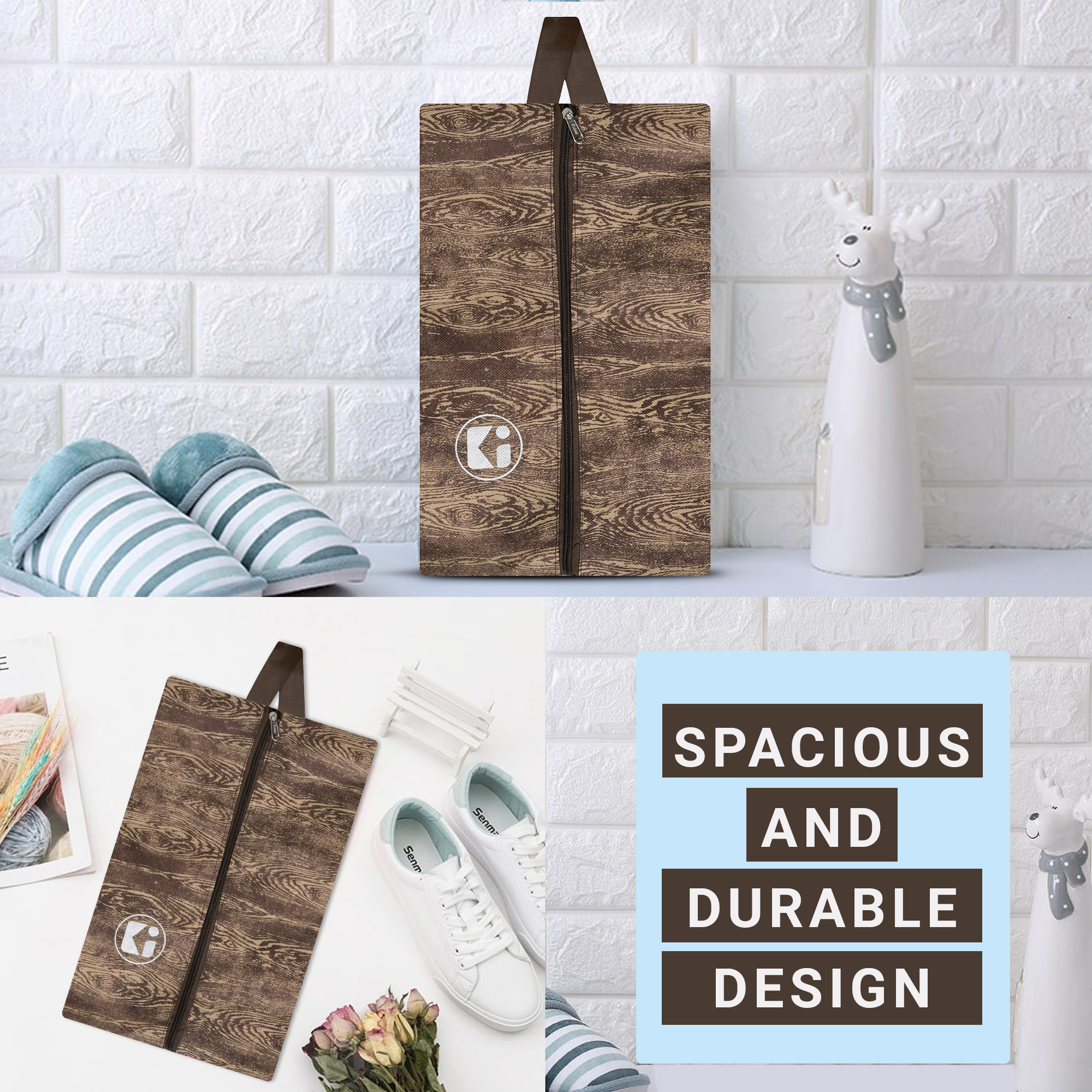 Kuber Industries Pack of 3 Shoe Bag For Travel  Drawstring Footwear Pouches  Toiletries Packing BagsCovers For Travelling  Wooden Brown