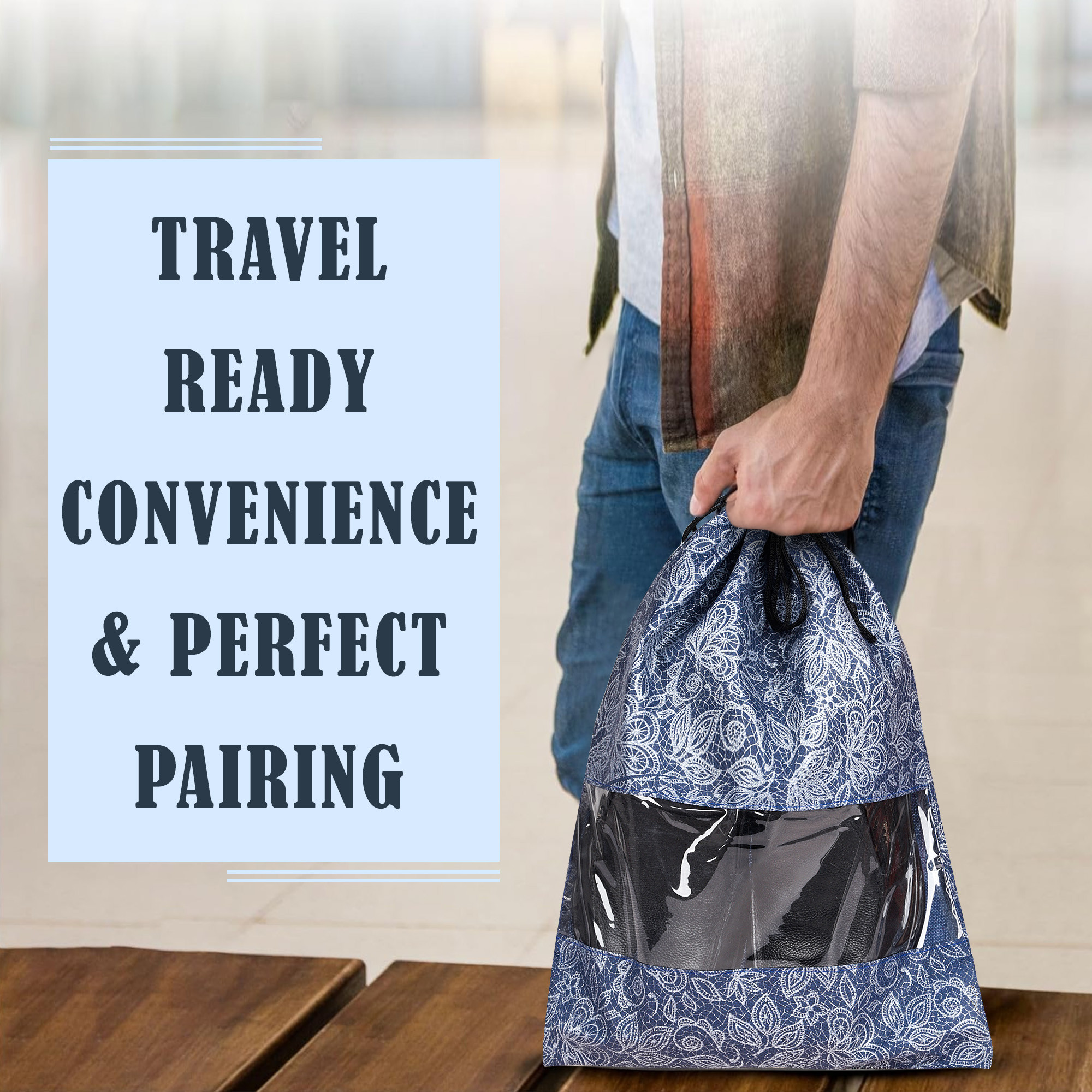 Kuber Industries Pack of 3 Shoe Bag For Travel  Drawstring Footwear Pouches  Toiletries Packing BagsCovers For Travelling  Flowers - Navy Blue